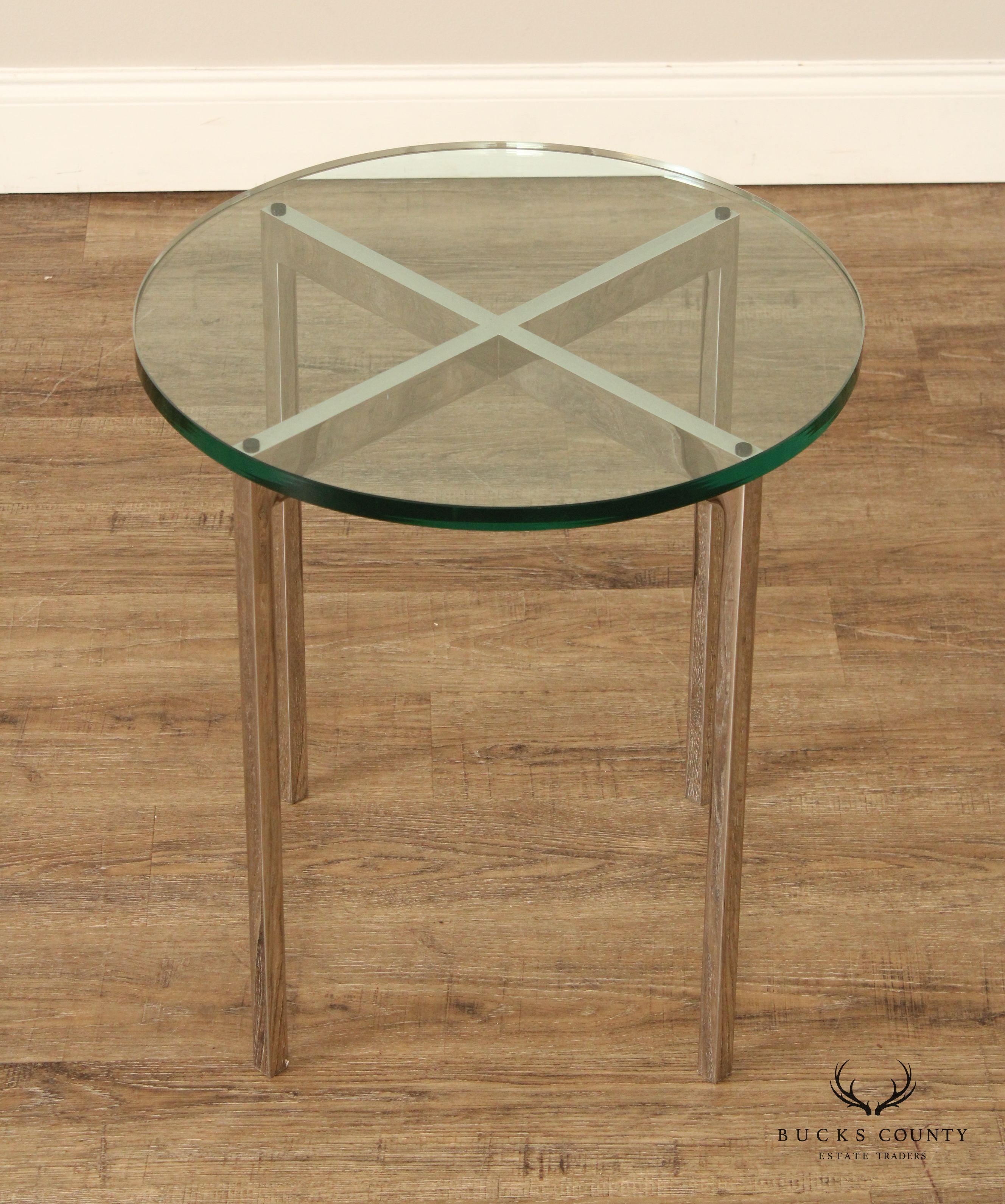 Postmodern Pair of Chrome Frame Round Glass Top Side Tables