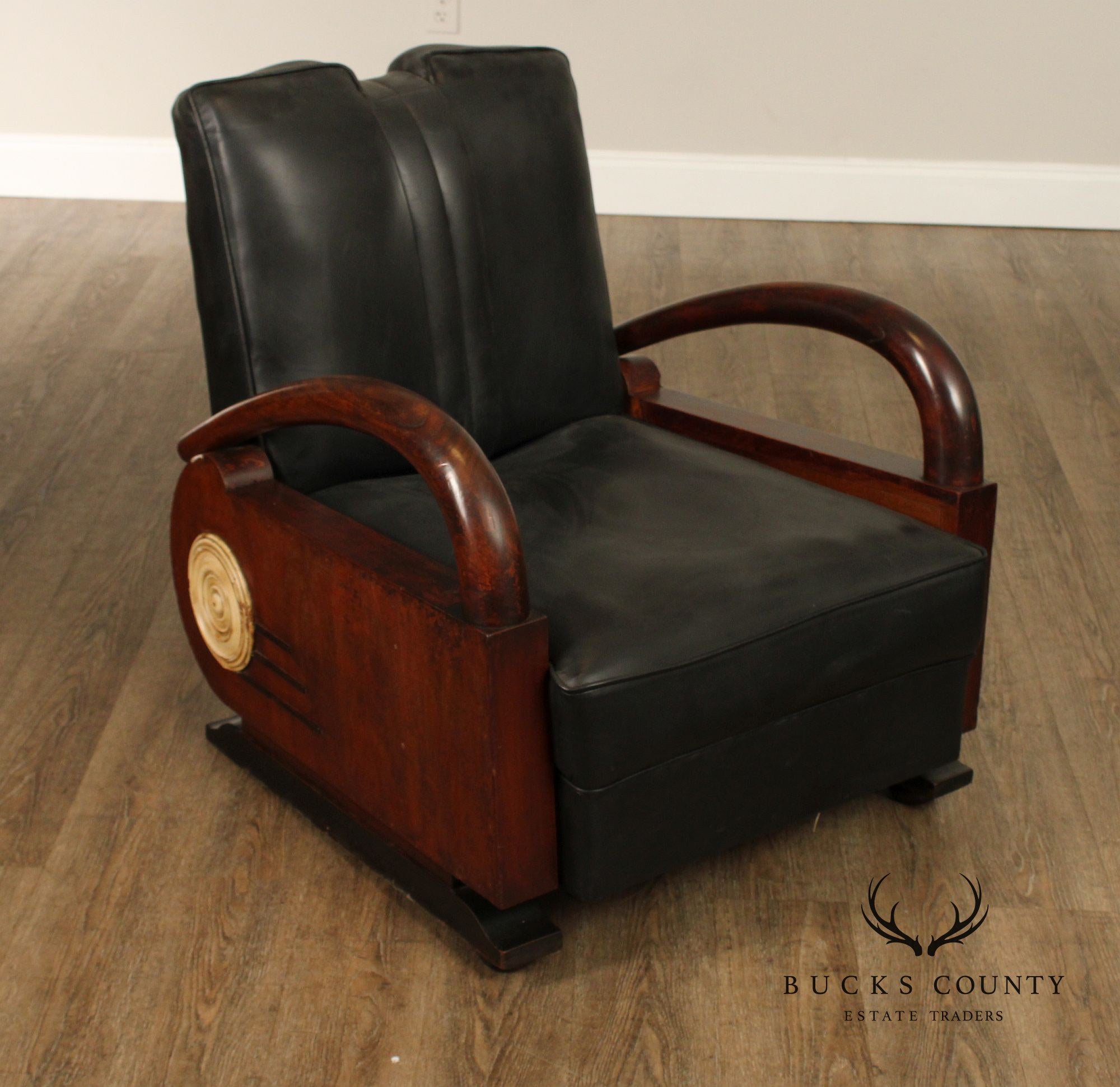 Art Deco Pair Of Streamline Moderne Rosewood And Black Leather Lounge Chairs