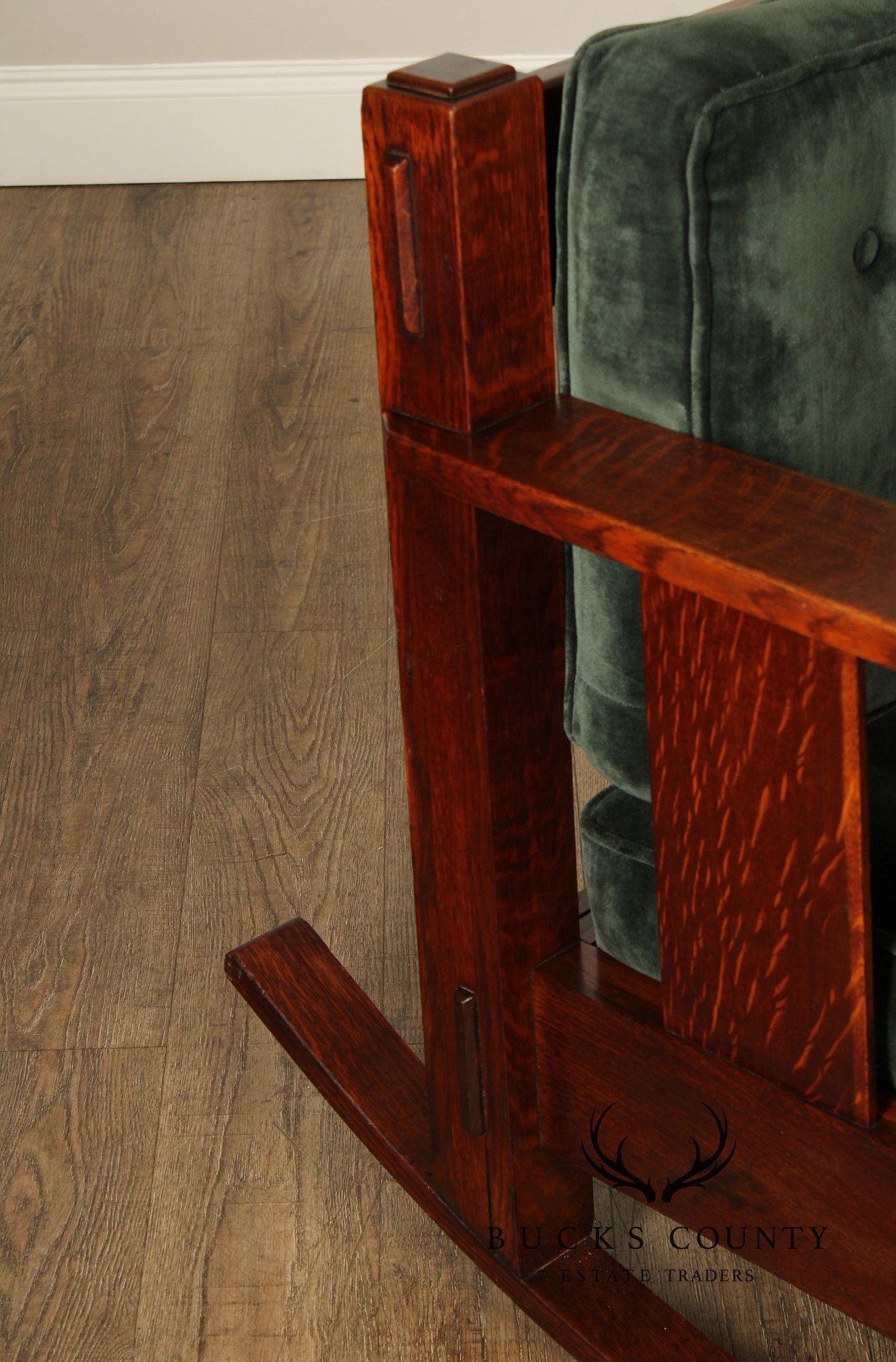 Stickley Brothers Antique Oak Arts & Crafts Rocking Chair With Green Upholstered Cushions