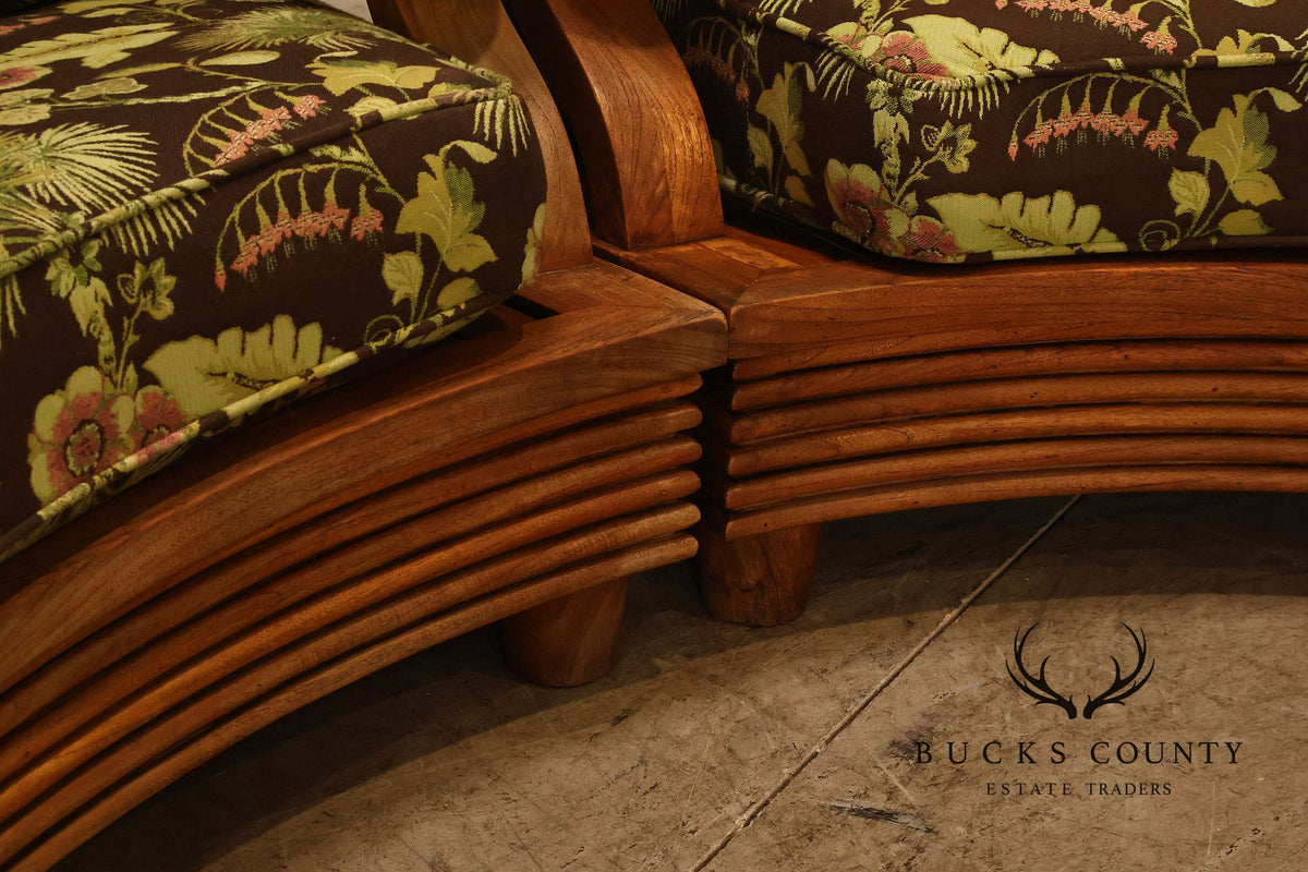 Curved Teak Modular Sofa With Floral Upholstery