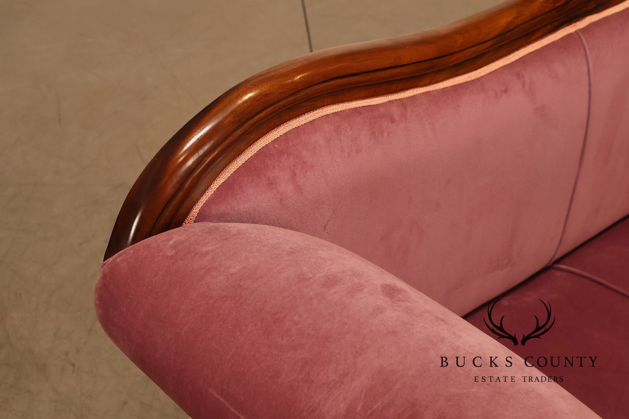 Victorian Style Mahogany Carved Wood Framed Pink Velour Upholstered Sofa