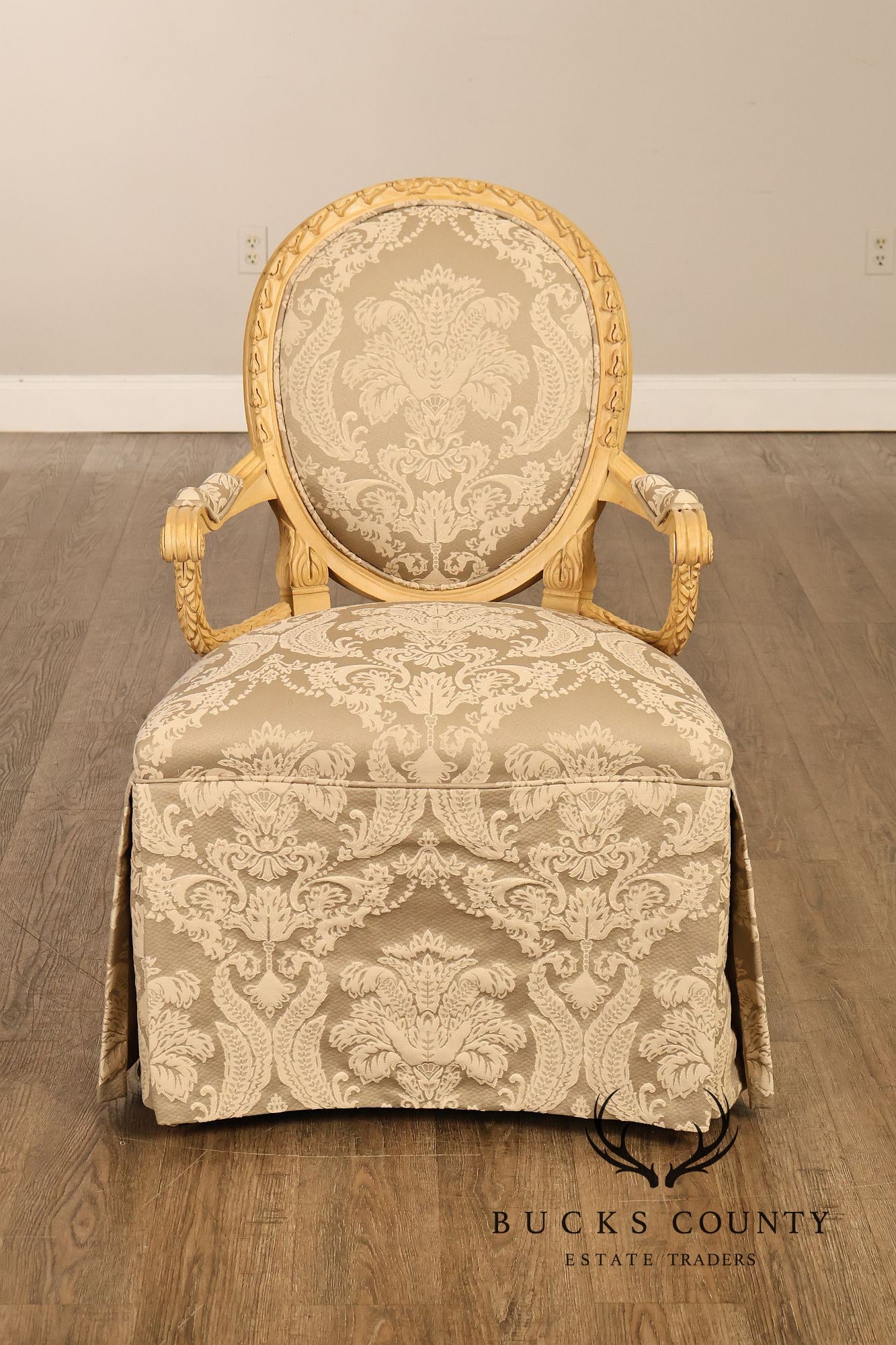 Louis XVI Style Pair Of Painted Oval Back Armchairs With Upholstered Seats