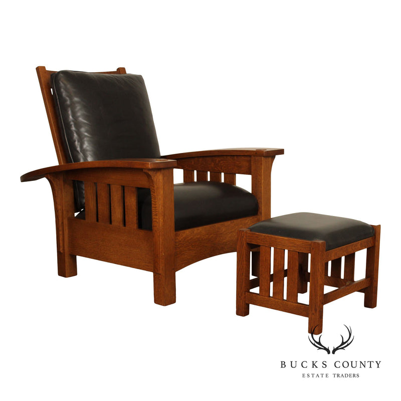 Stickley Mission Collection Oak Bow Arm Morris Chair and Ottoman