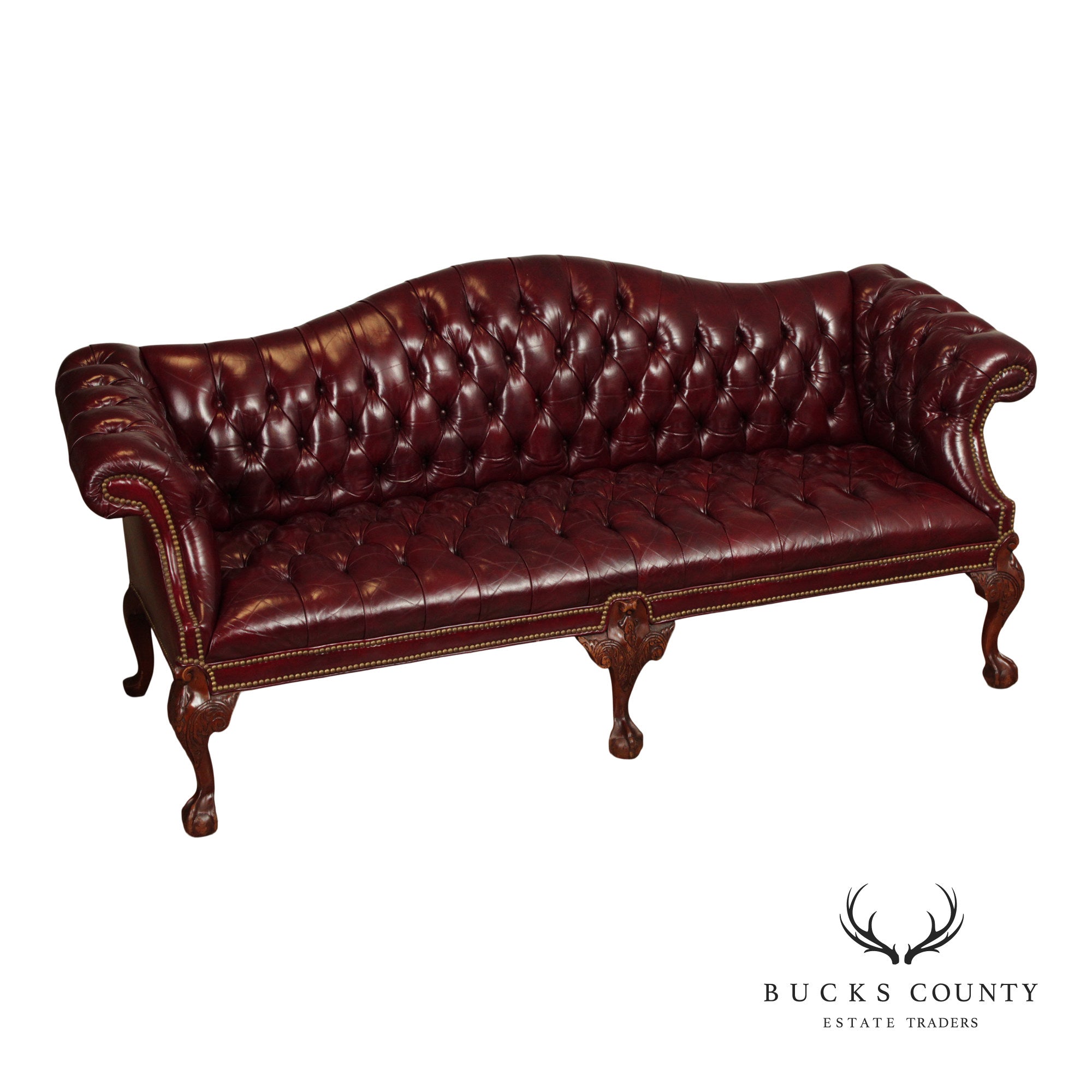 Chippendale Style Tufted Leather Chesterfield Camelback Sofa