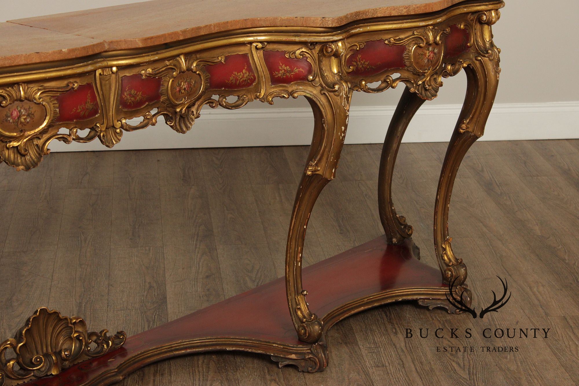 Italian Rococo Style Long Marble Top Console Table