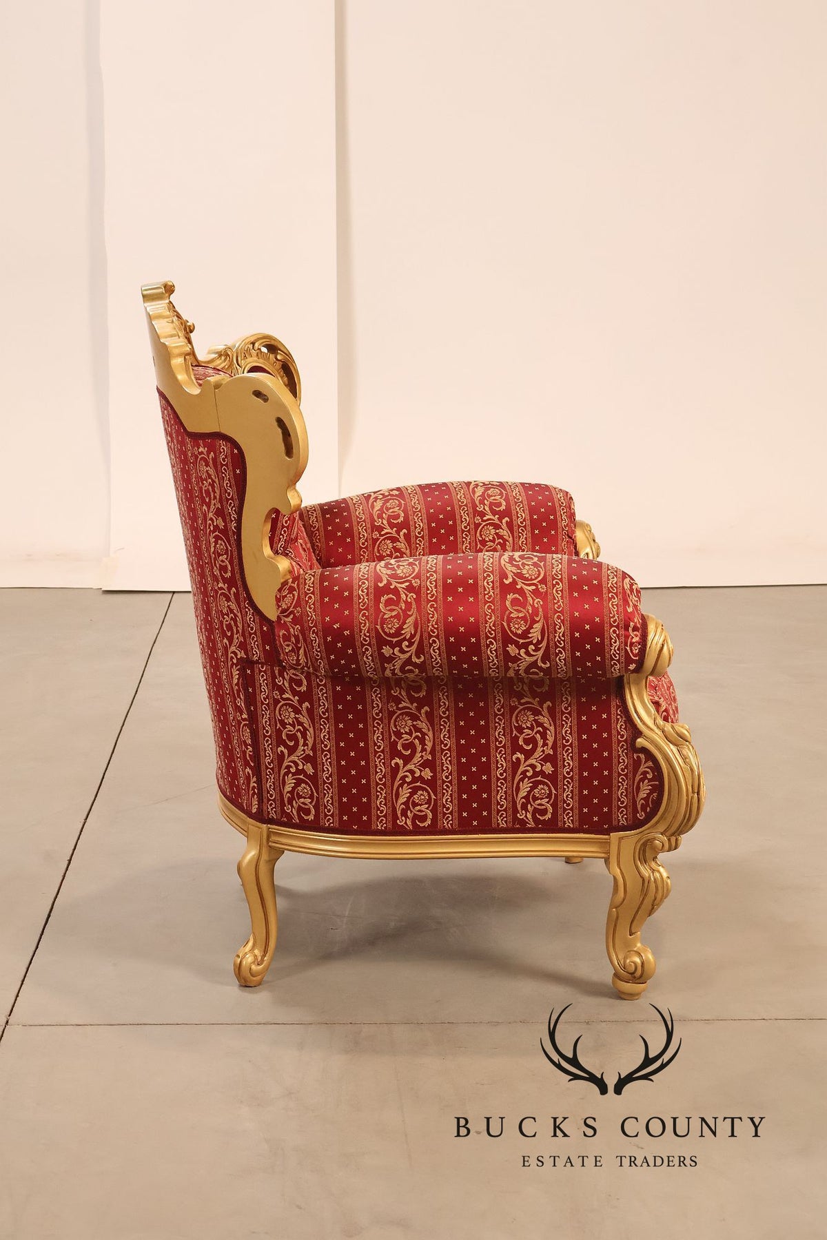 Baroque Style Pair Of Giltwood Armchairs With Red Damask Upholstery