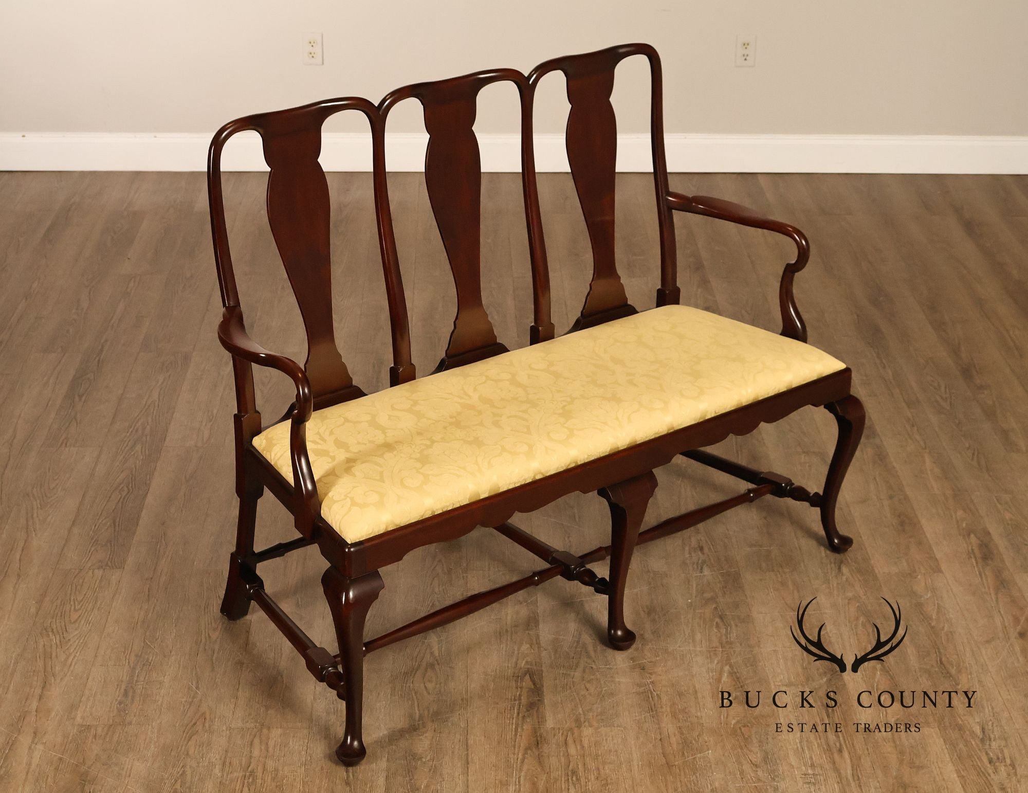 Queen Anne Style Custom Mahogany Triple Back Upholstered Settee