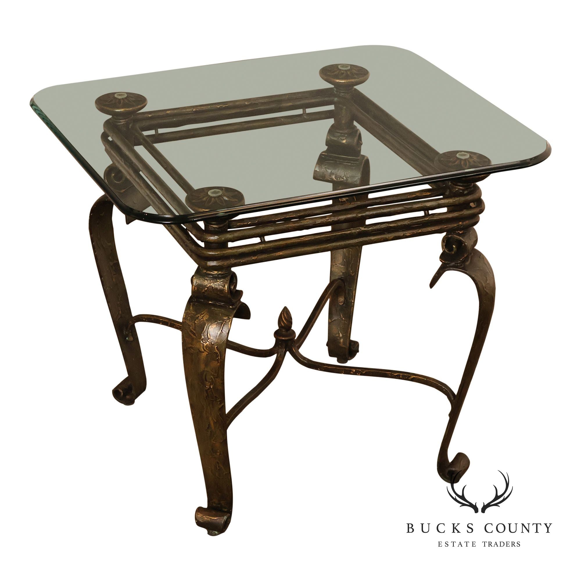 Neoclassical Revival Glass Top Metal Accent Table
