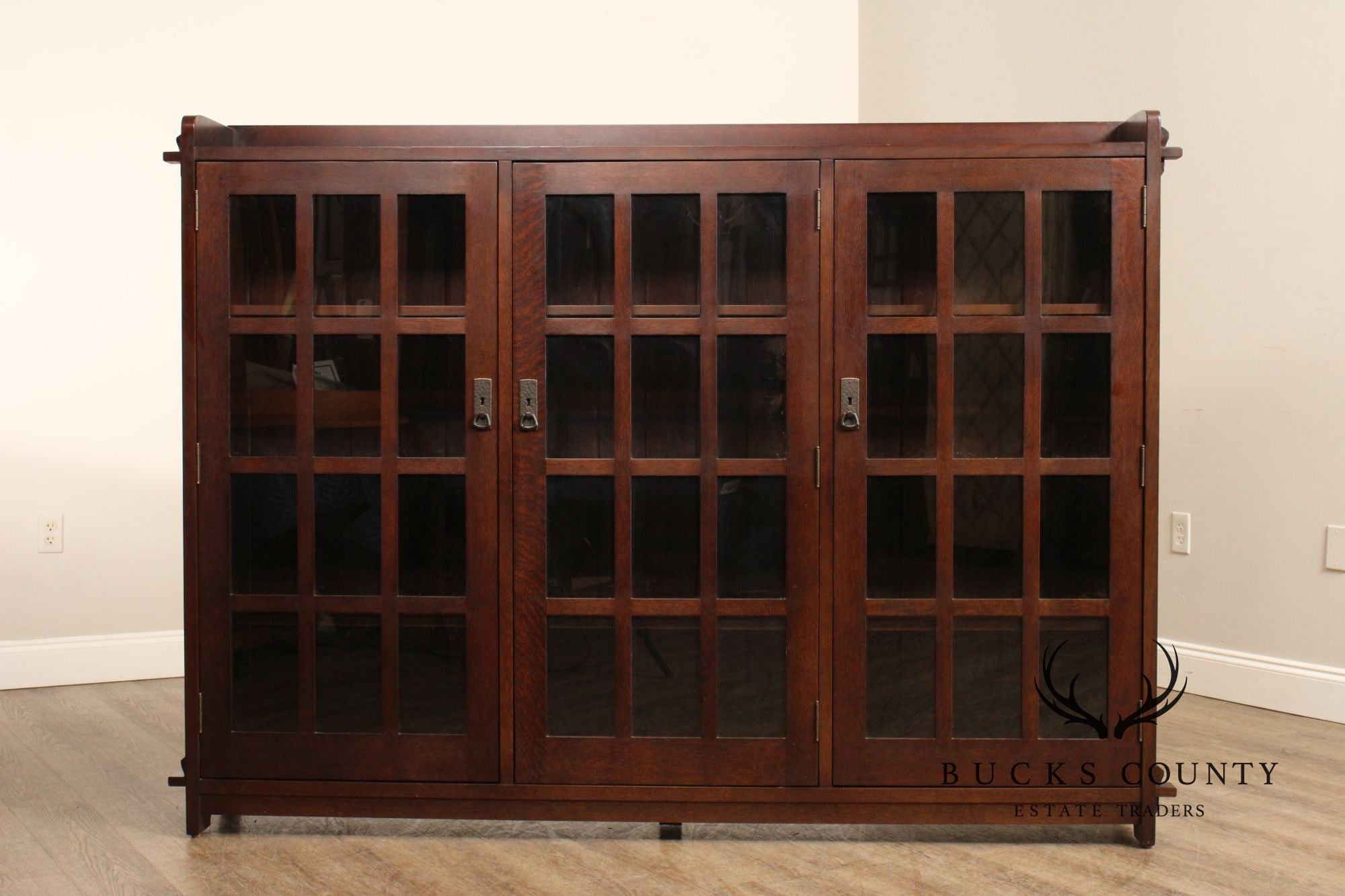 Stickley Mission Collection Oak Triple Bookcase with Glass Doors