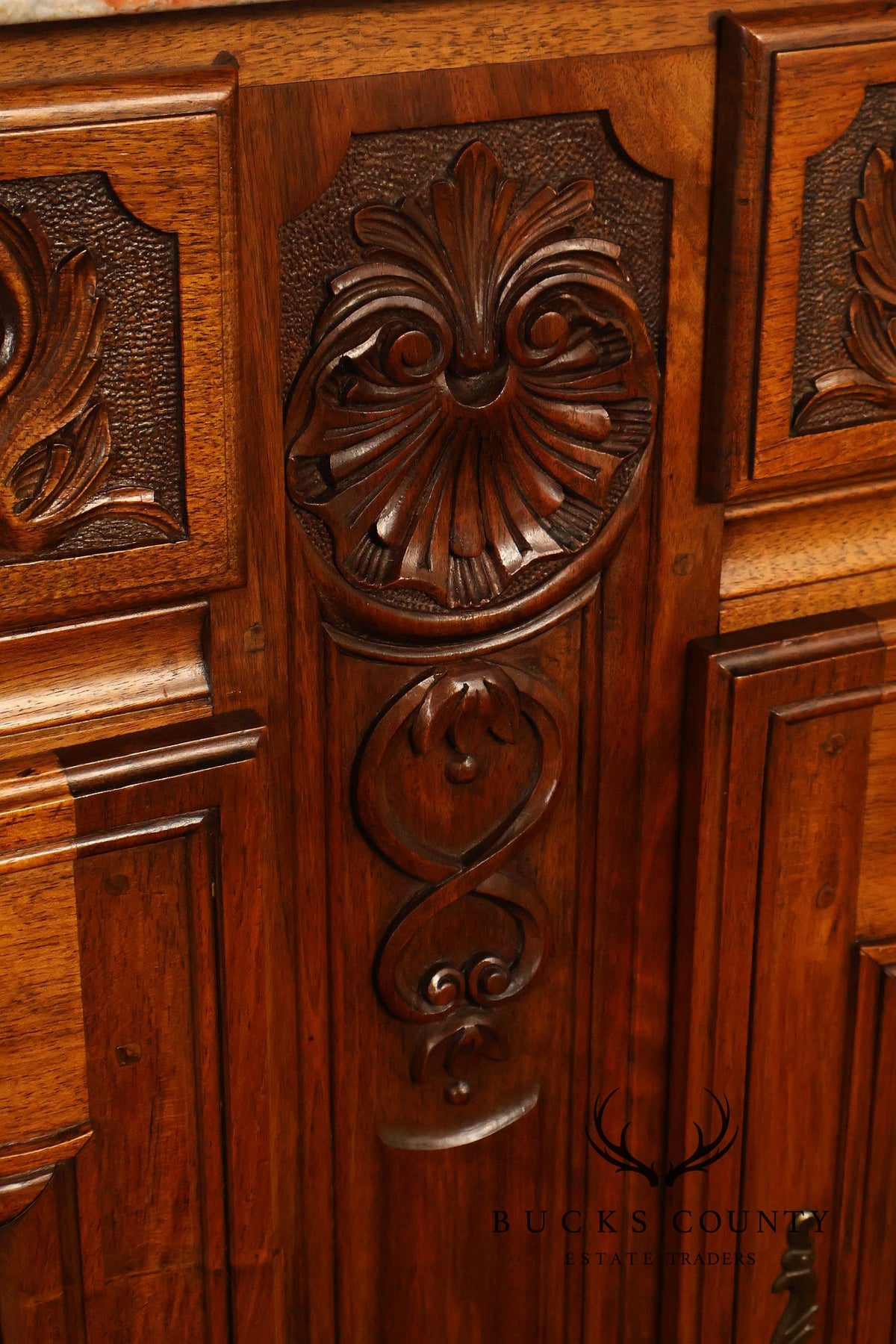 French Louis XV Style Carved Walnut Marble Top Buffet Sideboard