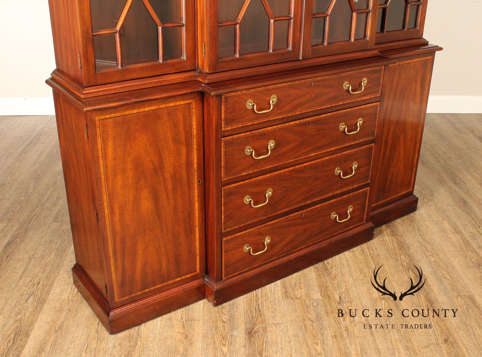 Henkel Harris Georgian Style Inlaid Mahogany Breakfront Bookcase