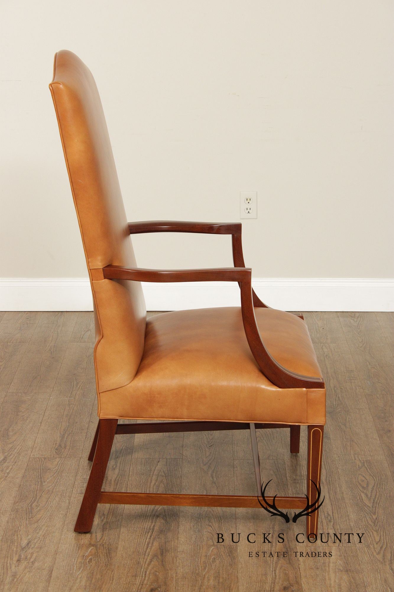 Stickley Federal Style Pair Inlaid Mahogany Leather Armchairs