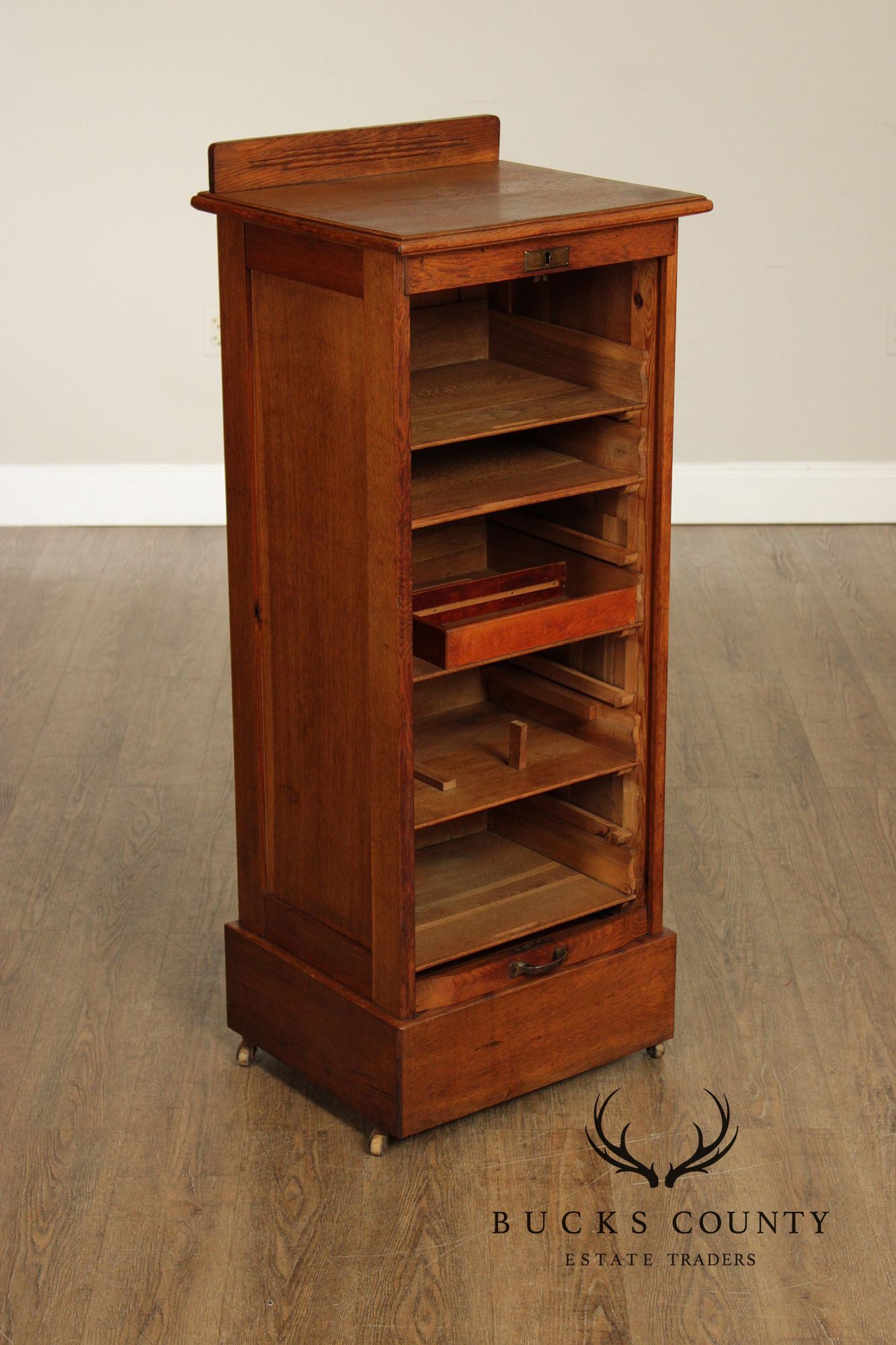 Antique Arts & Crafts Oak Tambour File Cabinet