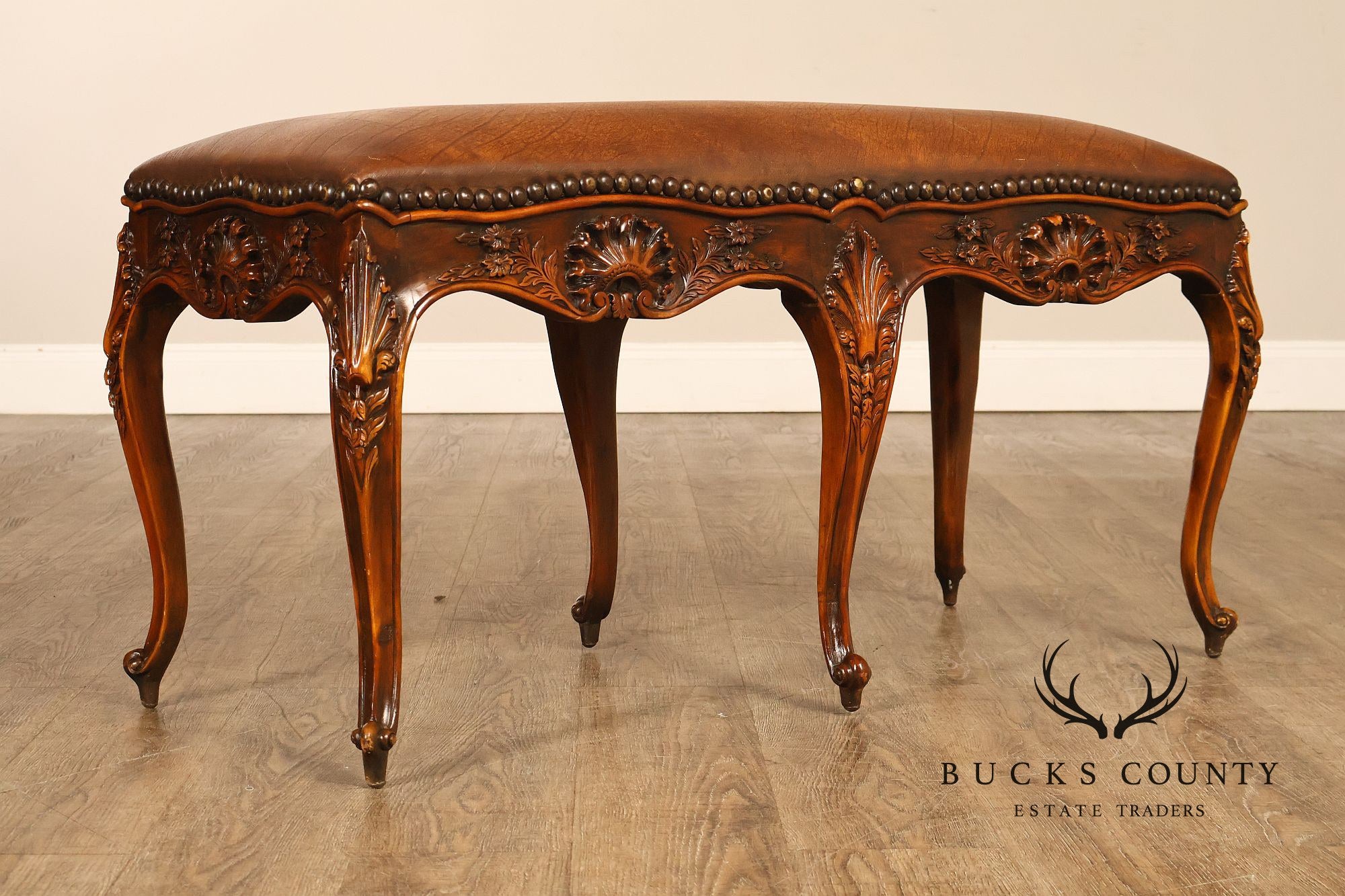 Rococo Style Leather Upholstered Carved Mahogany Window Bench