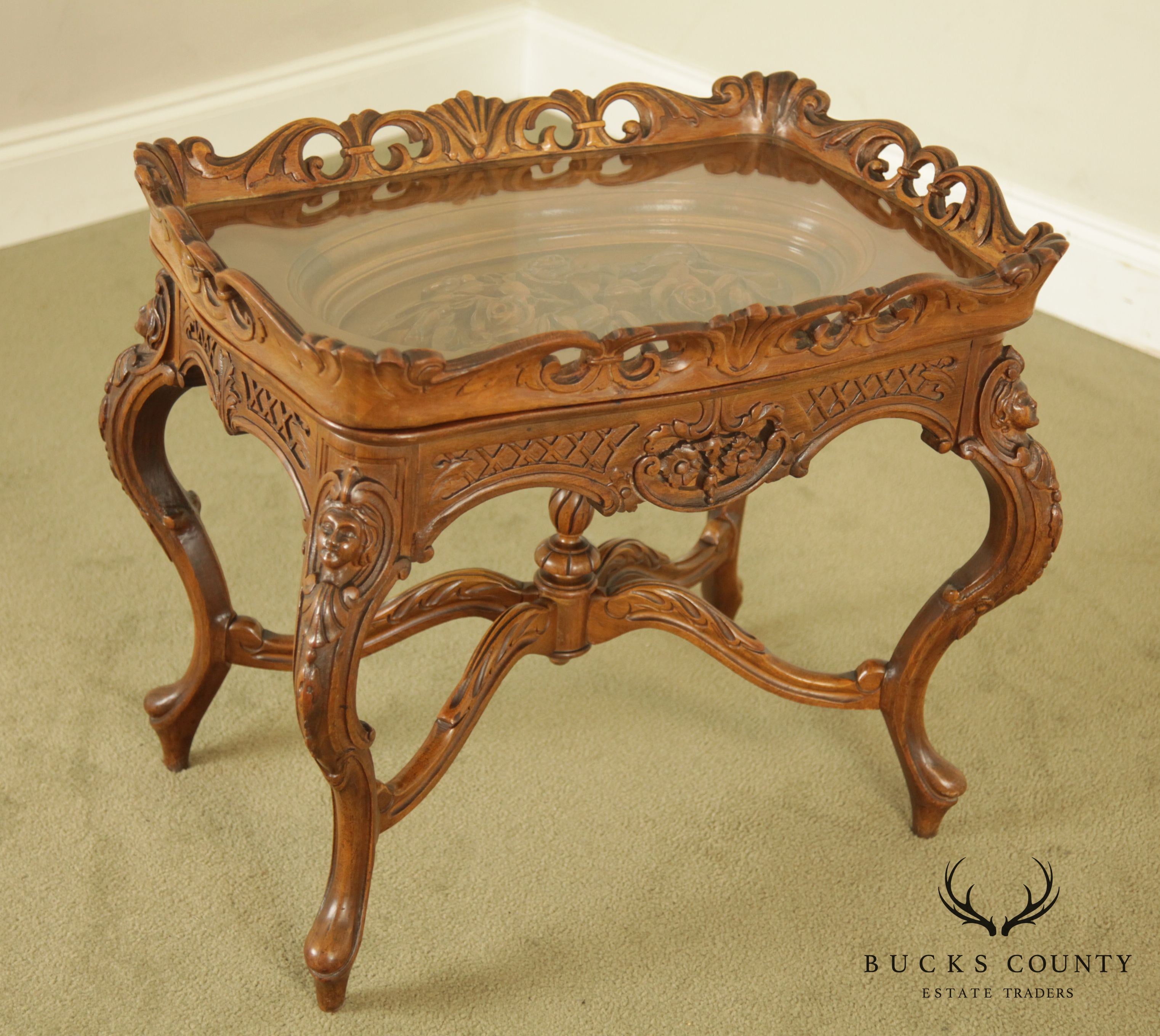 Renaissance Revival Antique Carved Walnut Tray Top Coffee Table