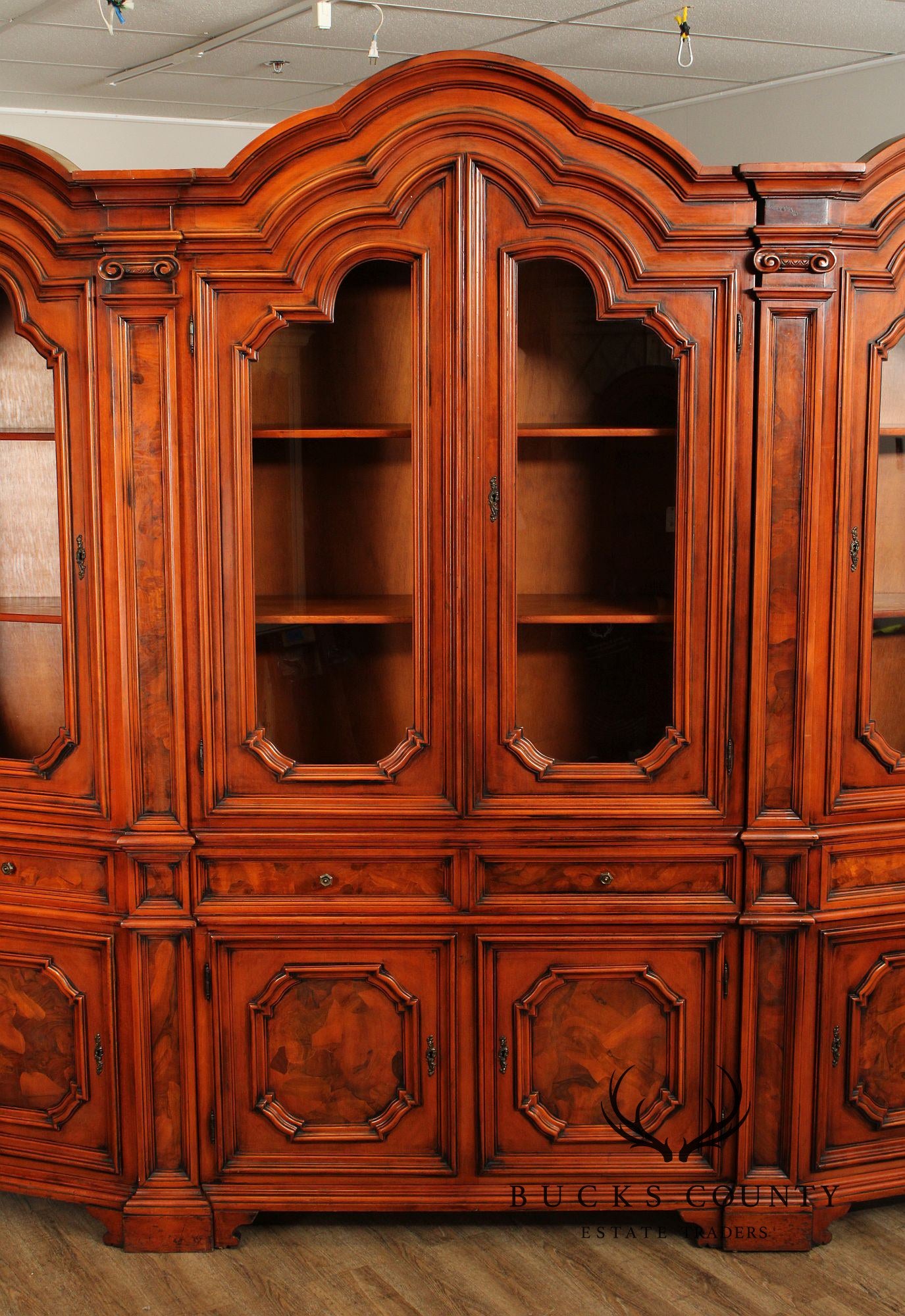 Italian Burlwood Monumental Library Bookcase Cabinet