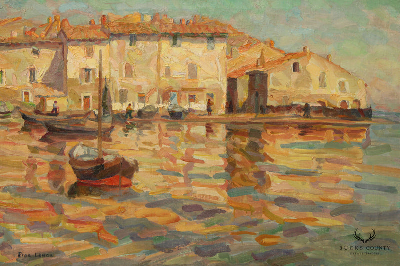 Erna Lange Signed Waterfront Sunrise Oil Painting 'Fishing in Southern France'