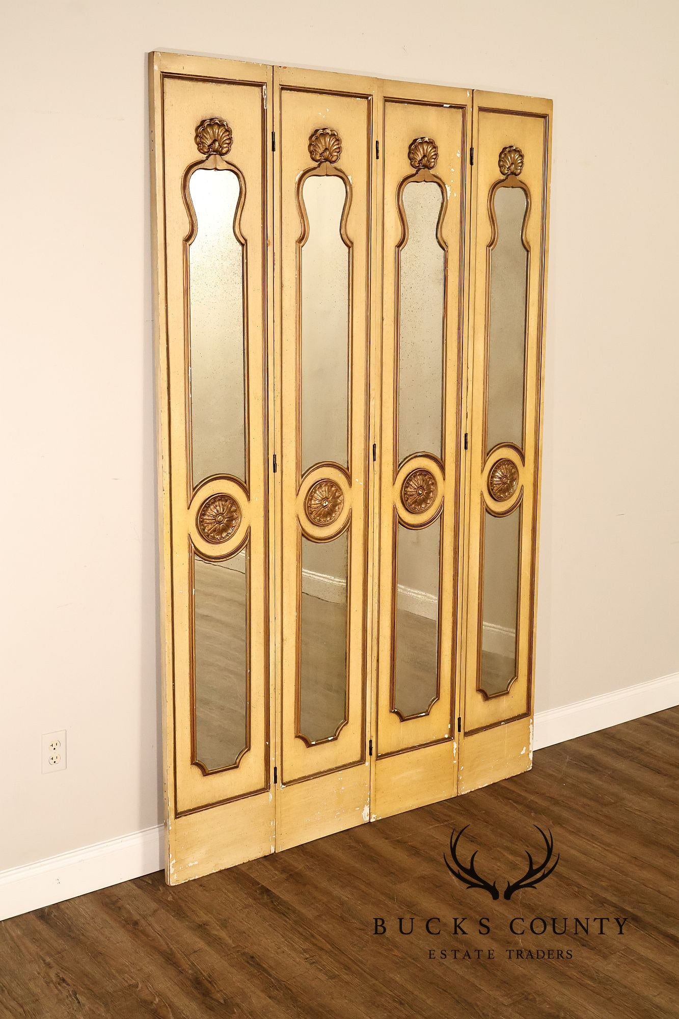 Vintage Rococo Style Painted & Mirrored Four-Panel Folding Screen