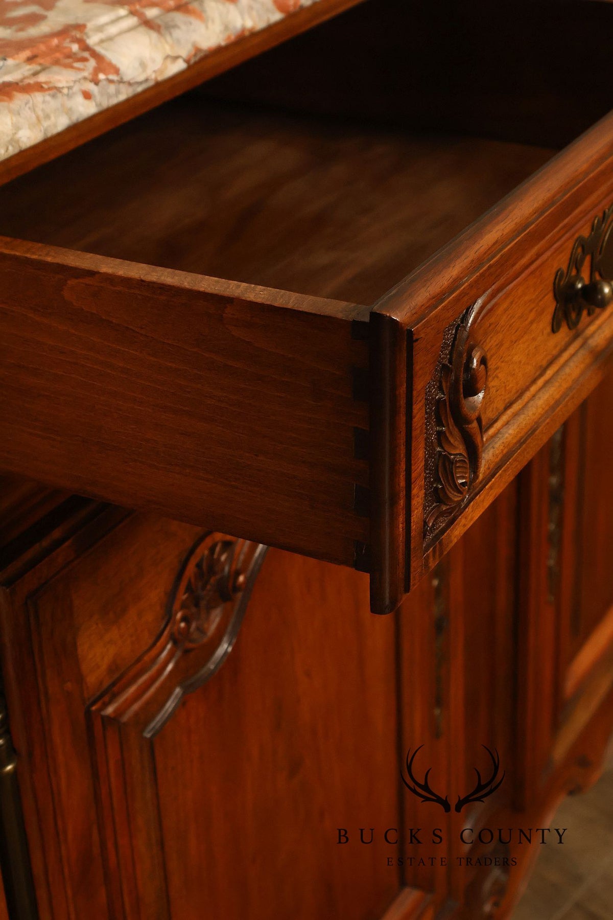 French Louis XV Style Carved Walnut Marble Top Buffet Sideboard