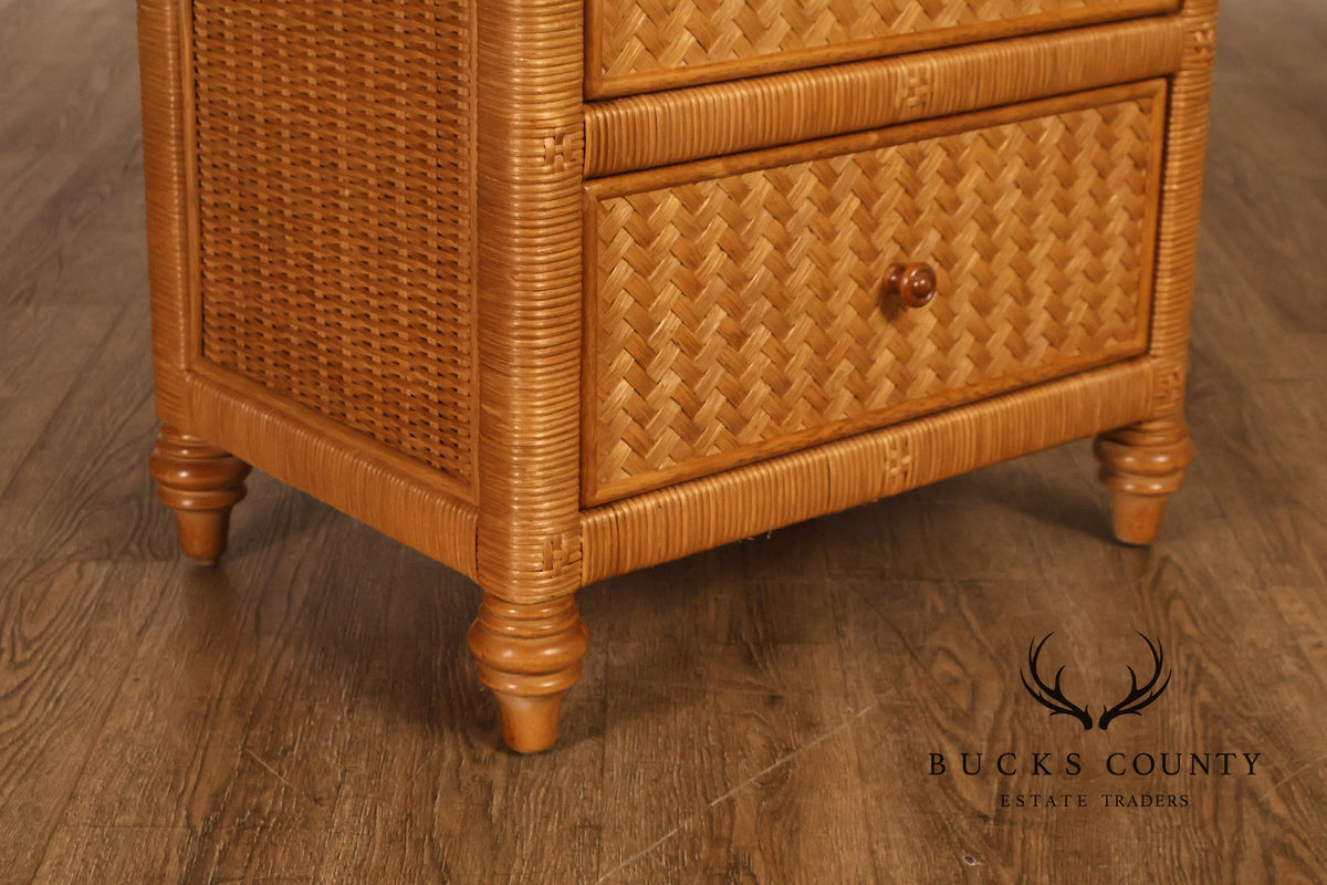 Coastal Style Pair Of Wicker And Cane Two Drawer Nightstands With Glass Tops