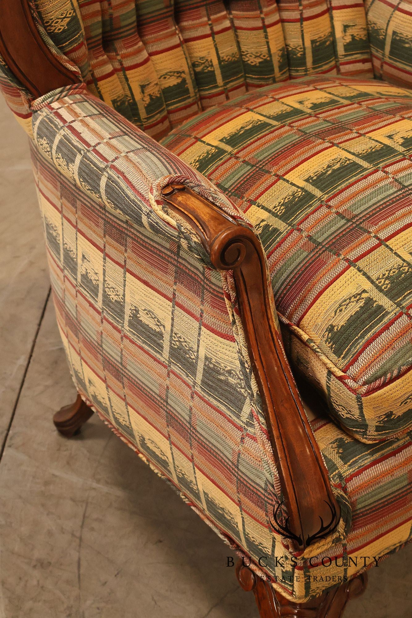 Vintage Channel Back Carved Frame Wingback Armchair