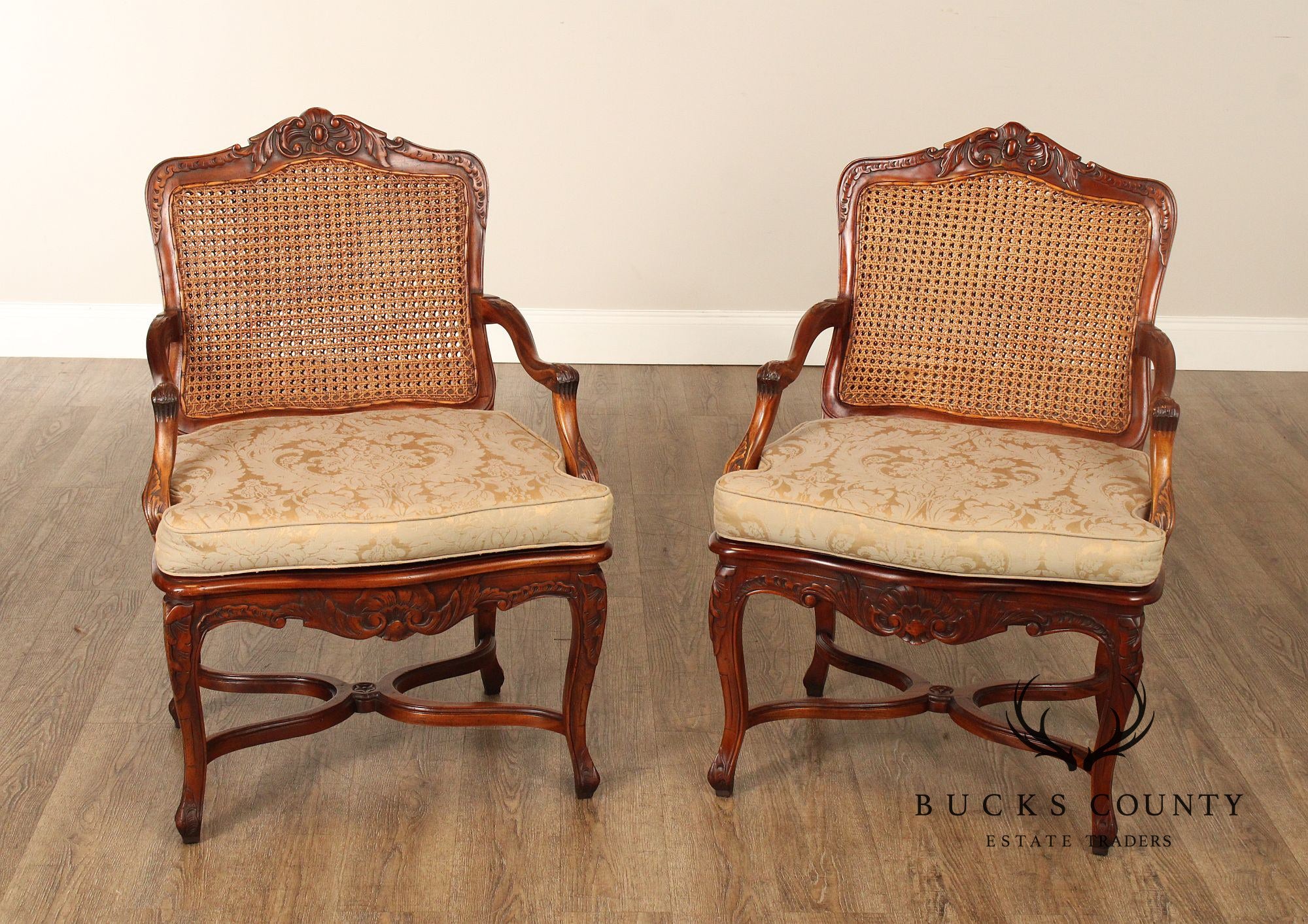 French Country Style Pair of Caned Armchairs