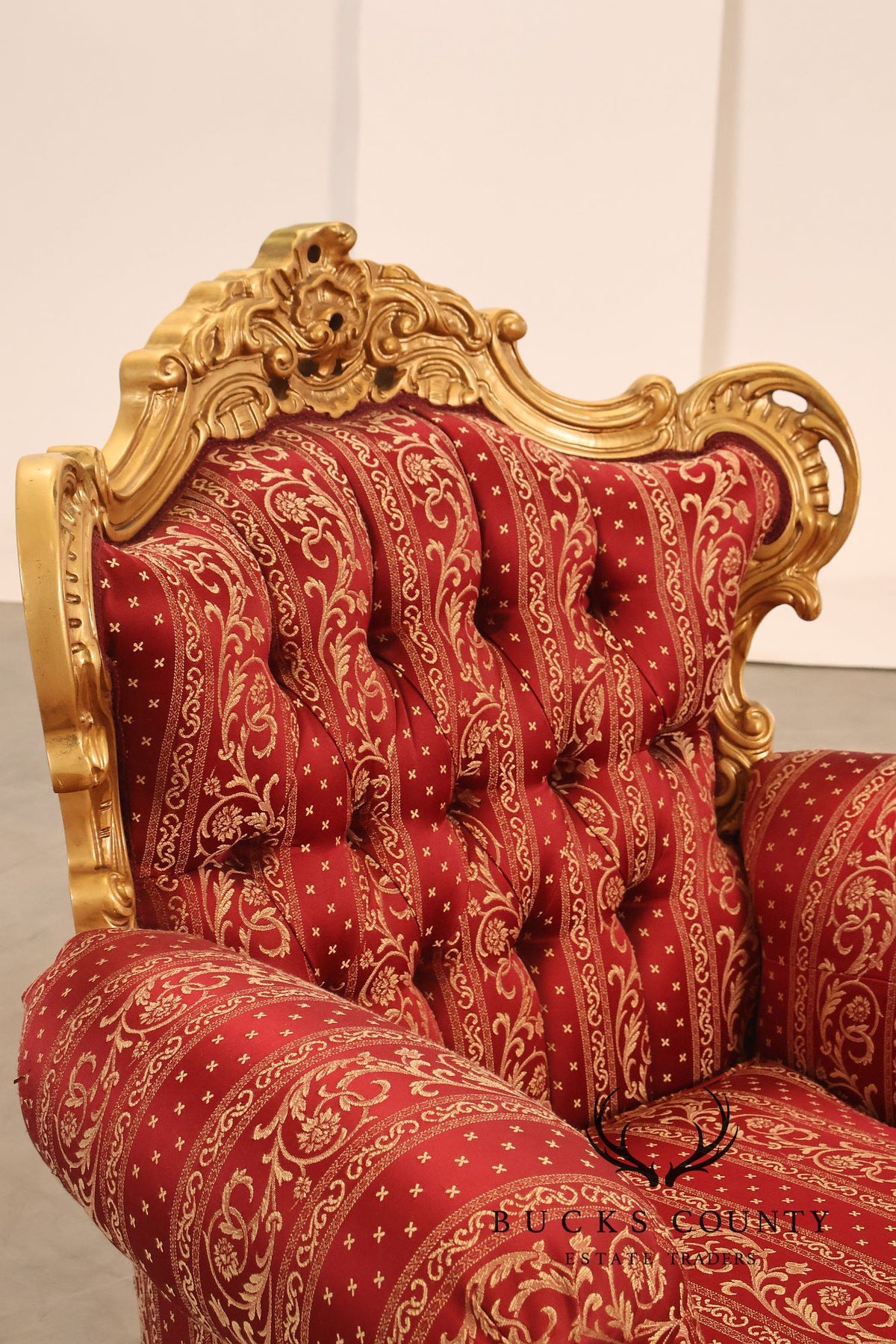 Baroque Style Pair Of Giltwood Armchairs With Red Damask Upholstery
