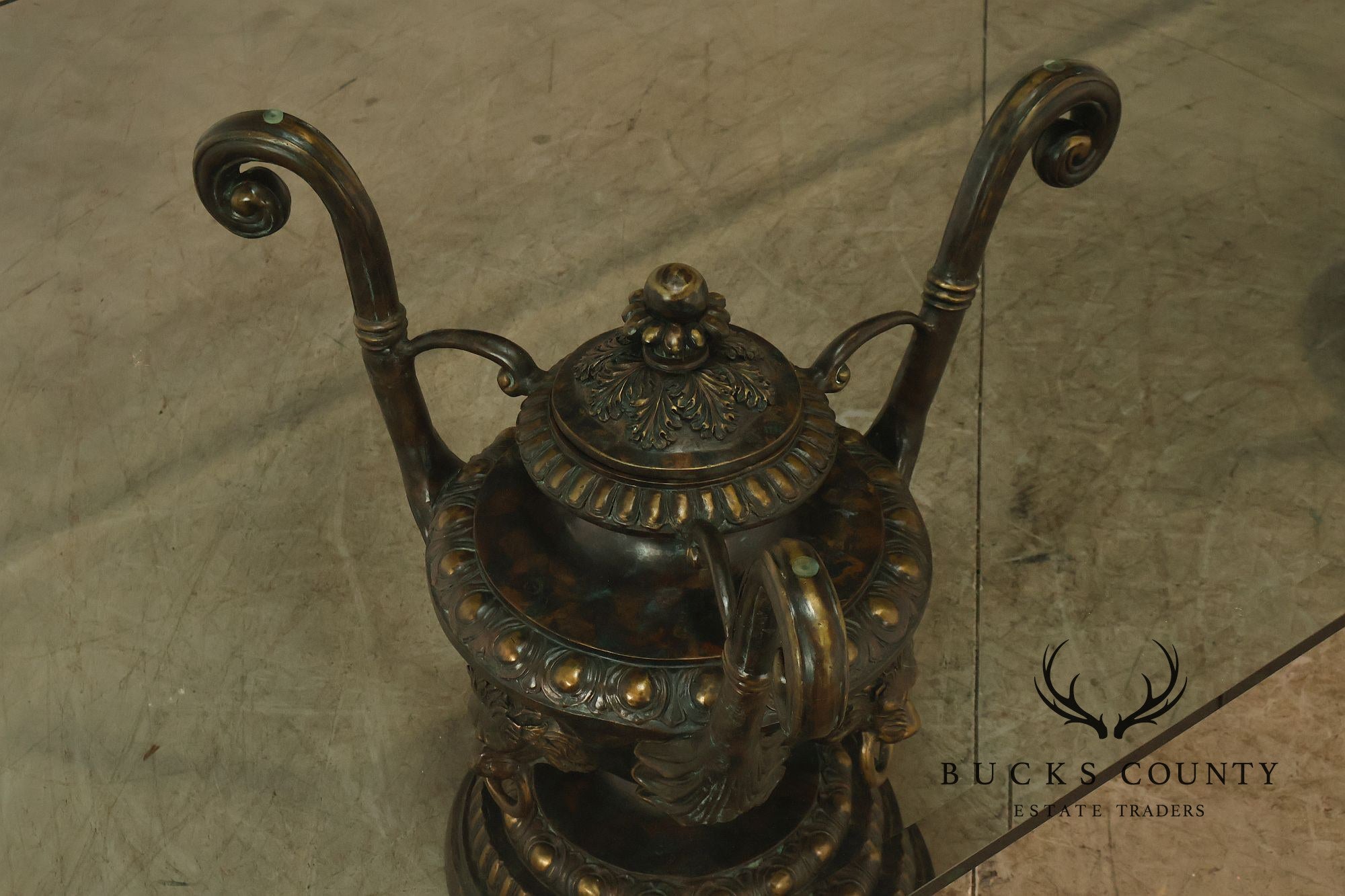 Monumental Brass Urn Form  Double Pedestal Glass Top Dining Table