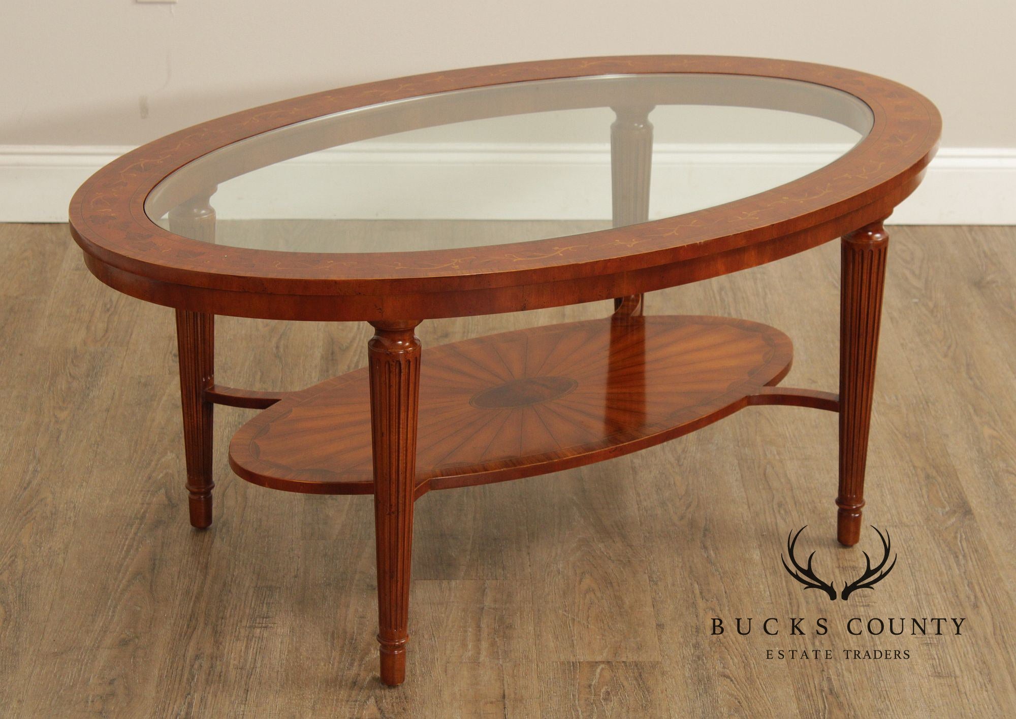 Maitland Smith Glass Top Oval Marquetry Inlaid Coffee Table