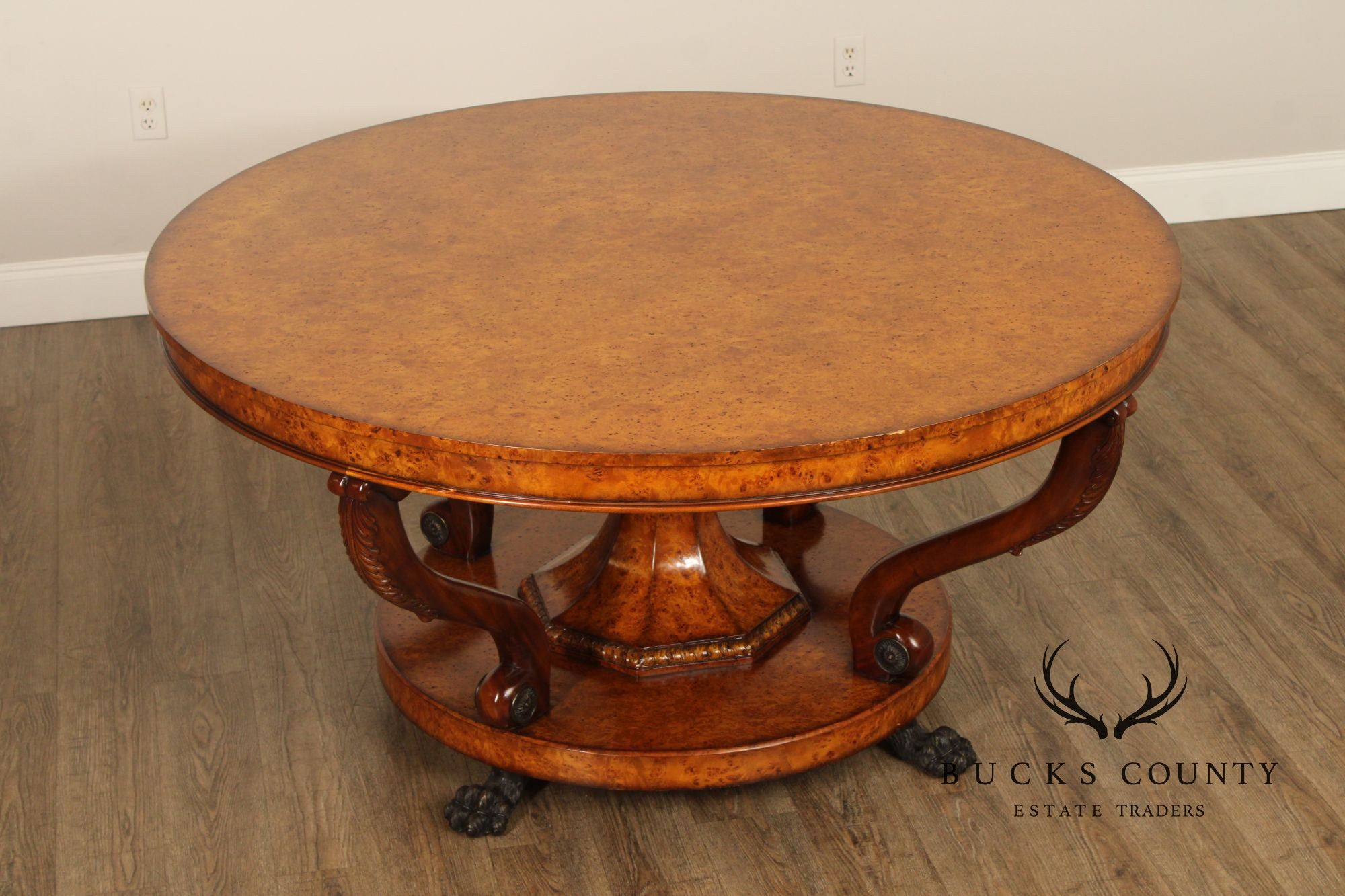 Theodore Alexander Empire Style Burl Wood Large Round Center Table