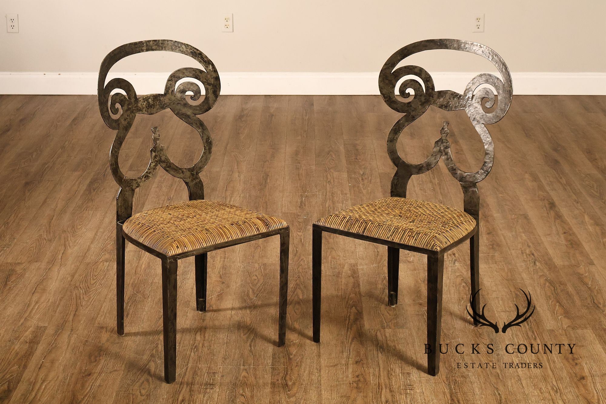 Biedermeier Style Pair Of Forged Iron And Woven Rattan Side Chairs