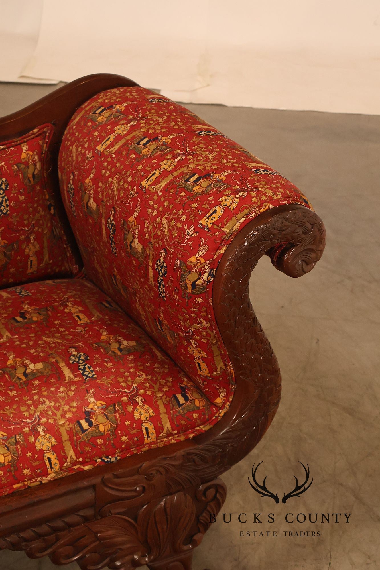 Antique American Empire Carved Mahogany Sofa With Scrolled Arms And Lion Paw Feet