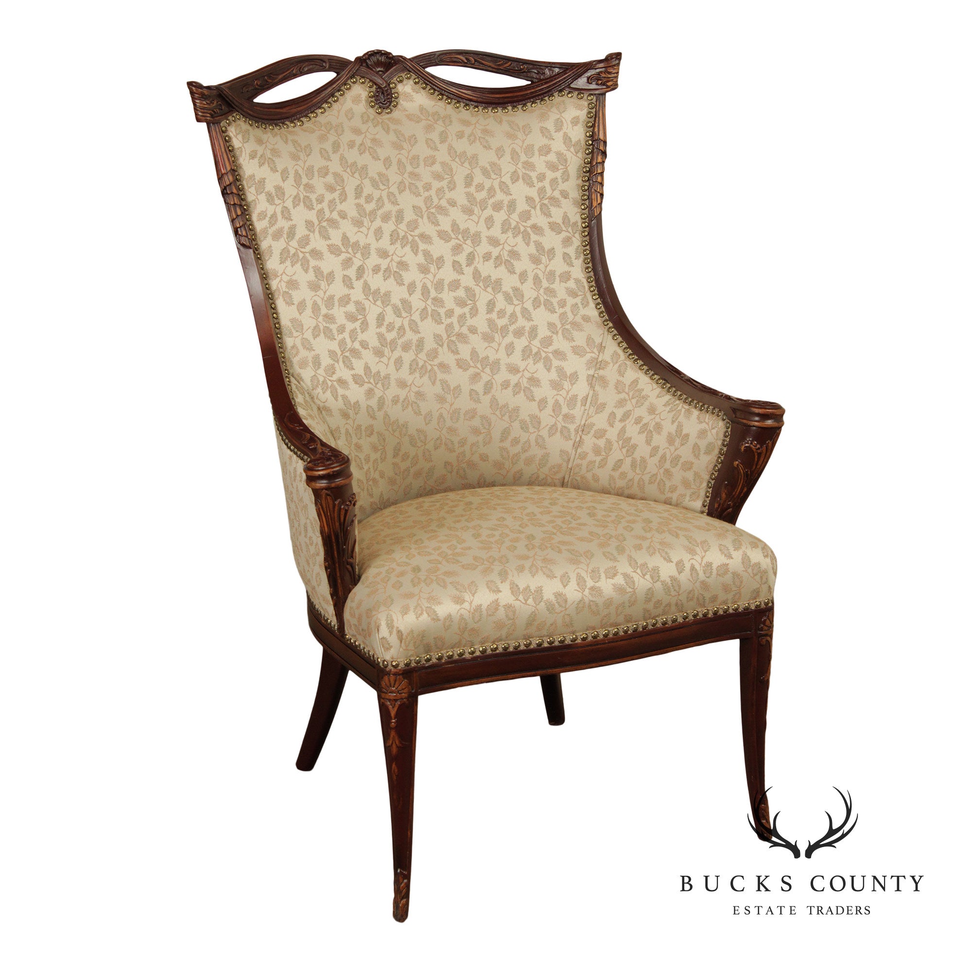 1930's French Louis XVI Style Carved Mahogany Fireside Bergere Chair