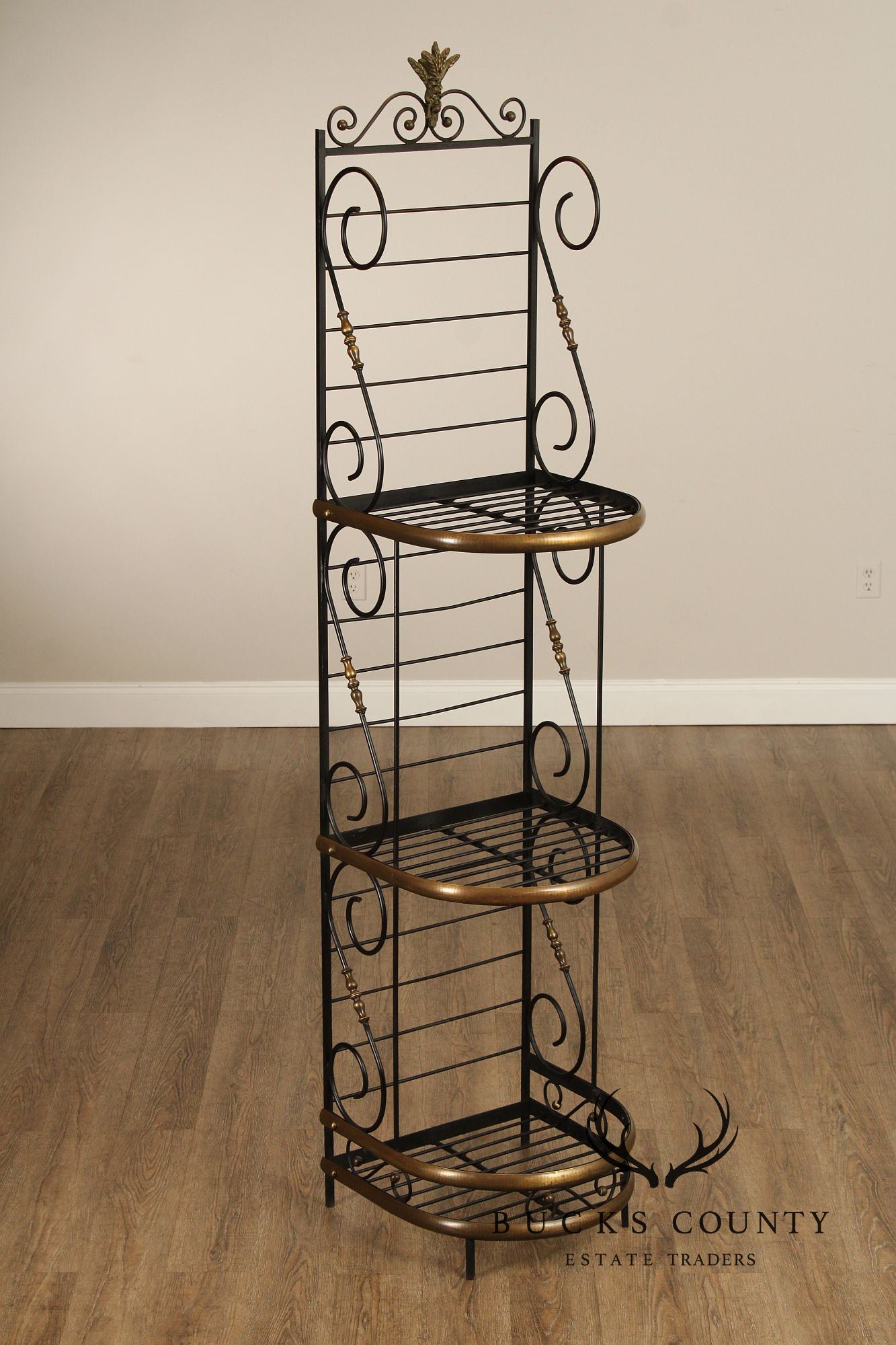 French Country Style Vintage Wrought Iron And Brass Narrow Bakers Rack