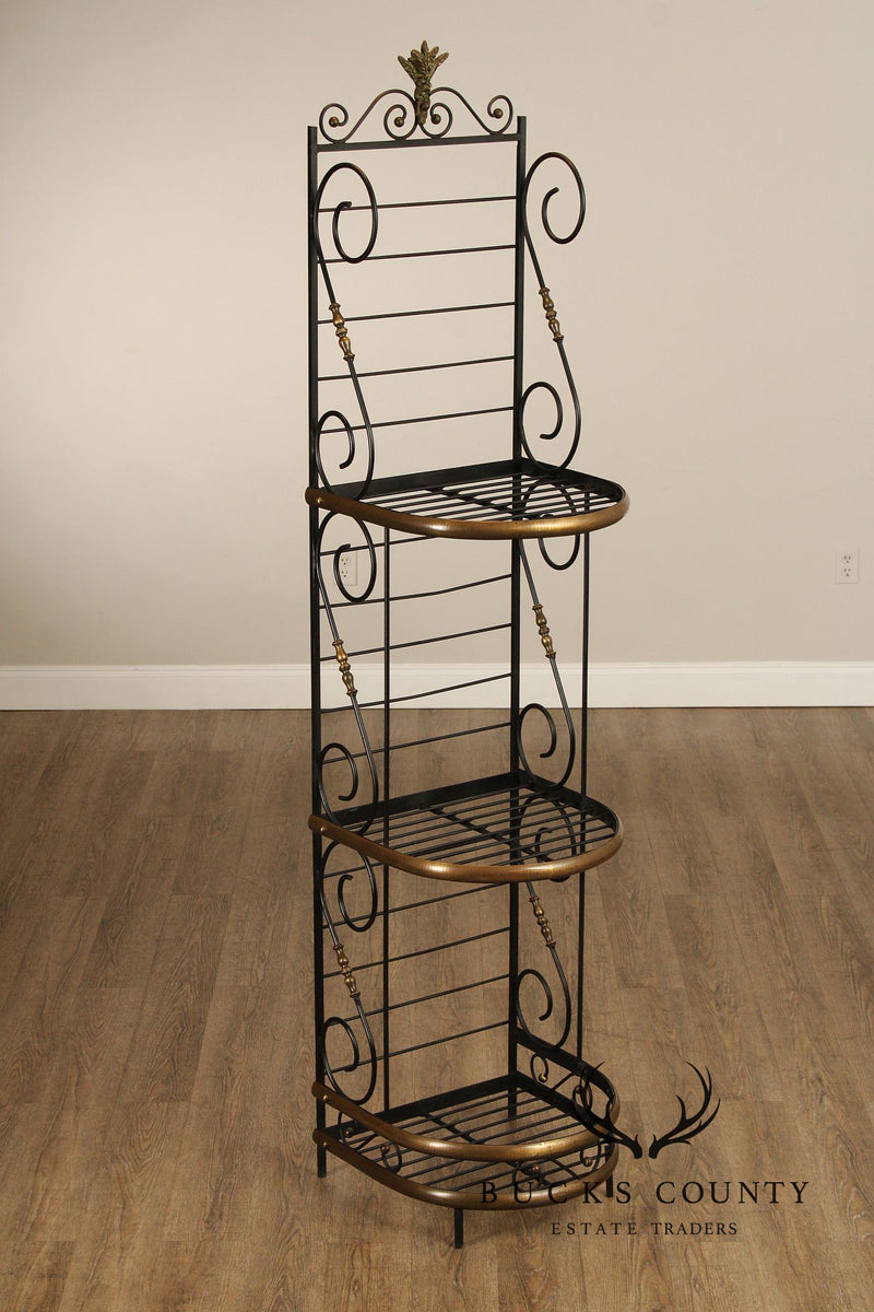 French Country Style Vintage Wrought Iron And Brass Narrow Bakers Rack