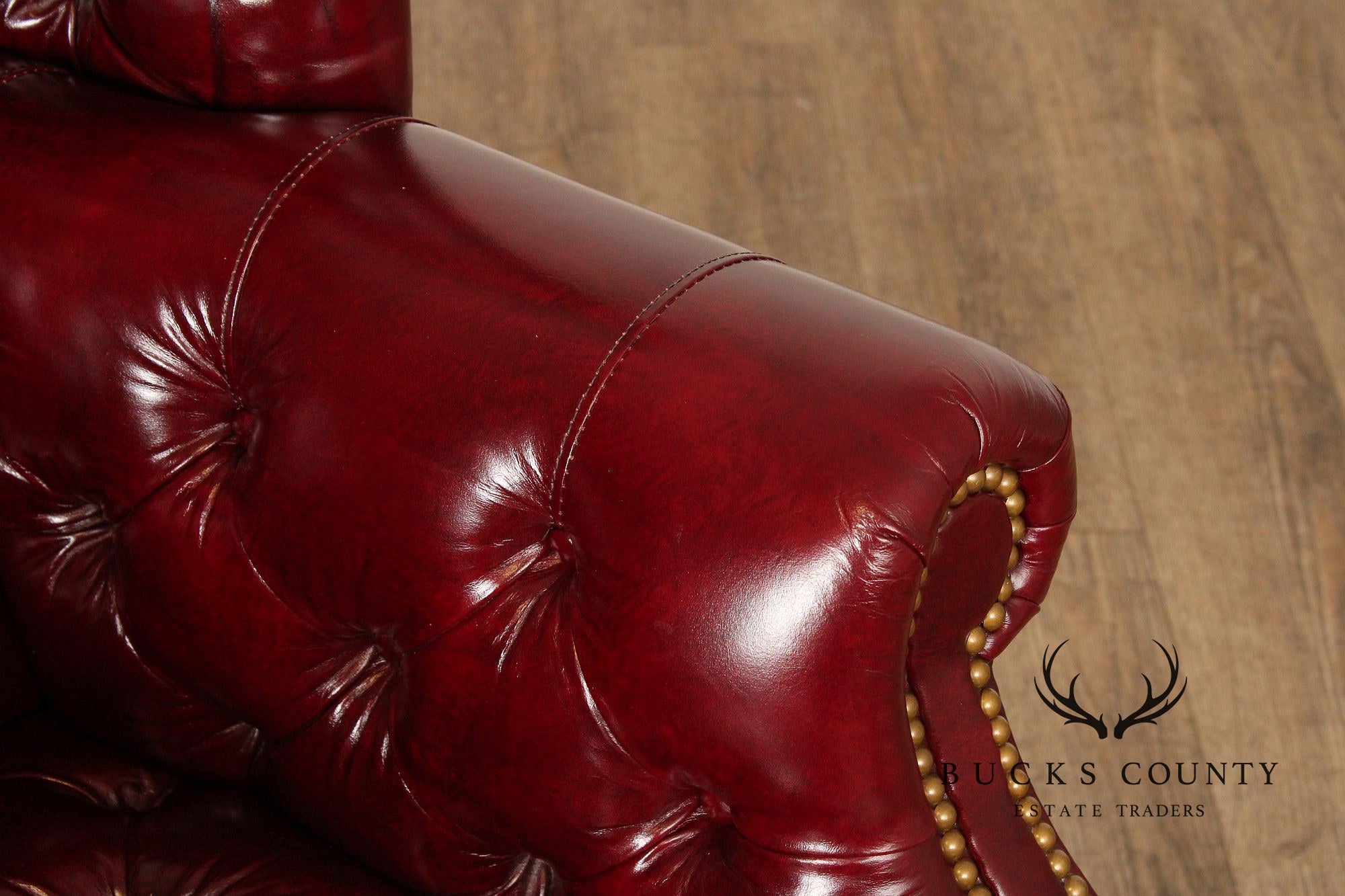 Georgian Style Tufted Oxblood Leather 'Reynolds' Wing Chair and Ottoman