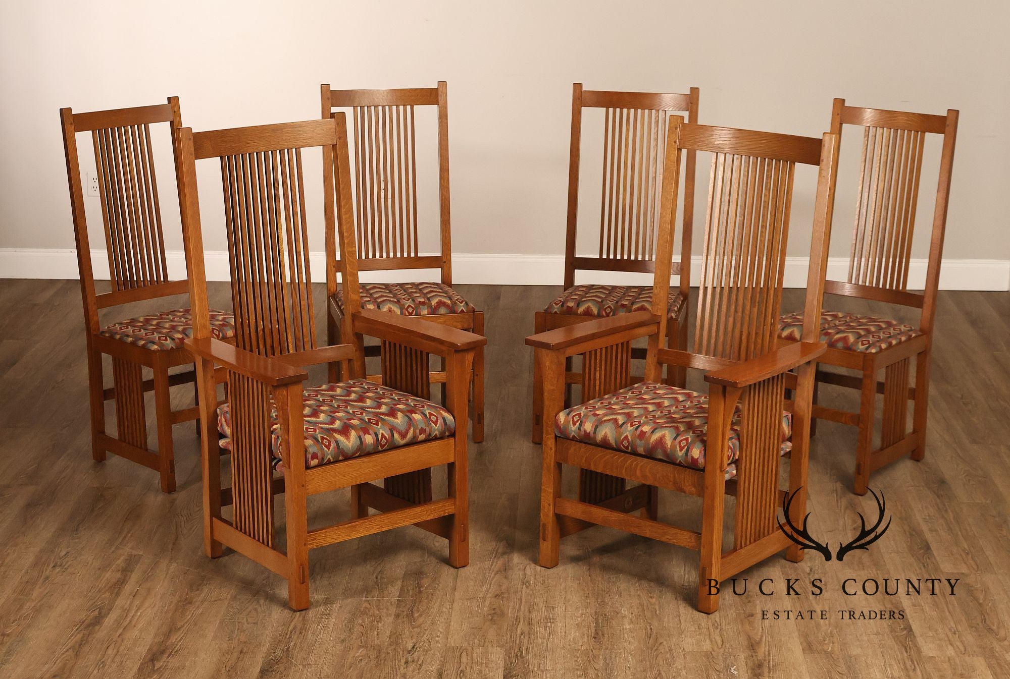 Stickley Mission Collection Set Of Six Oak High Back Spindle Dining Chairs