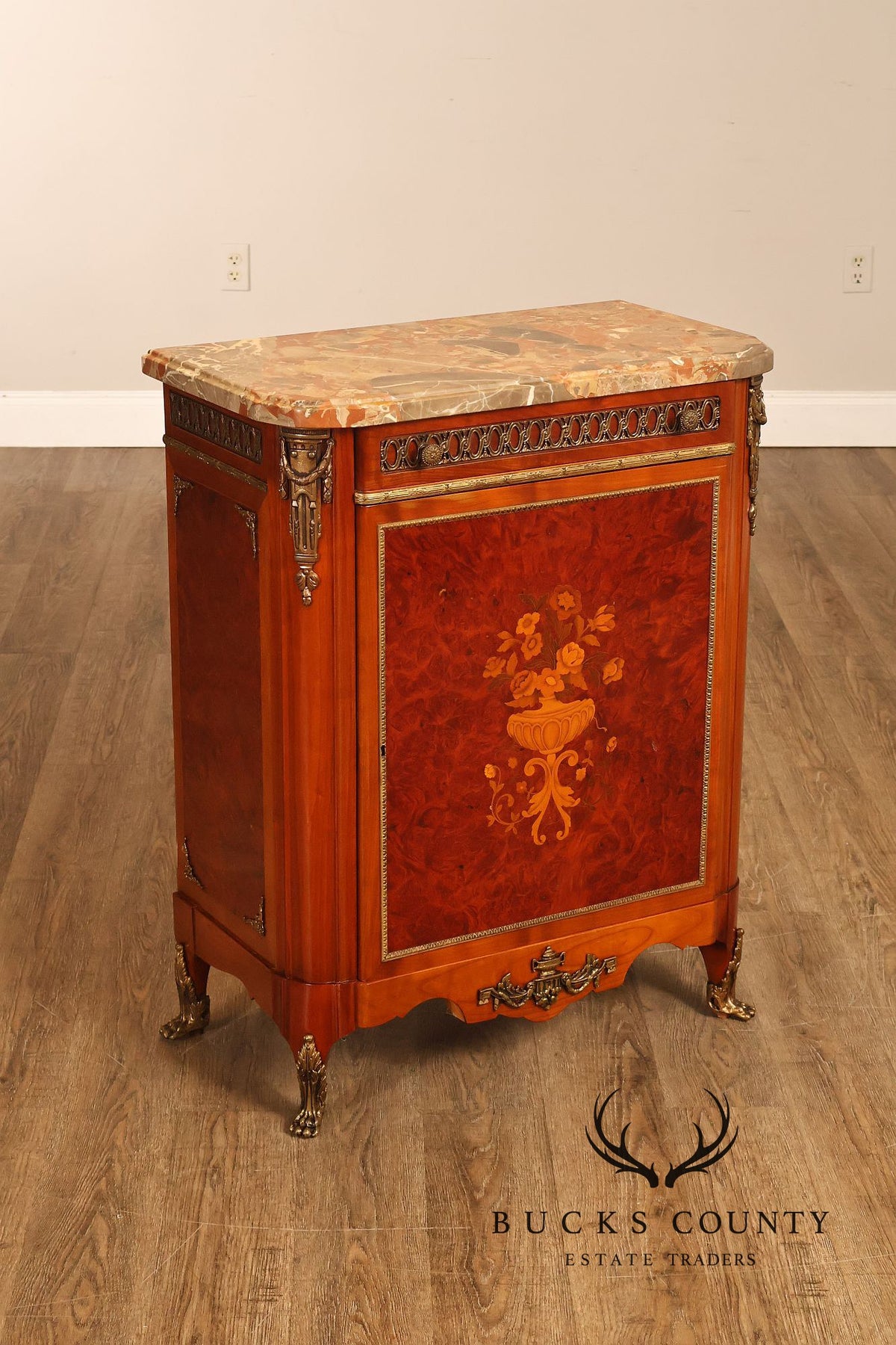 Louis XVI Style Marble Top Marquetry And Bronze Mounted Cabinet