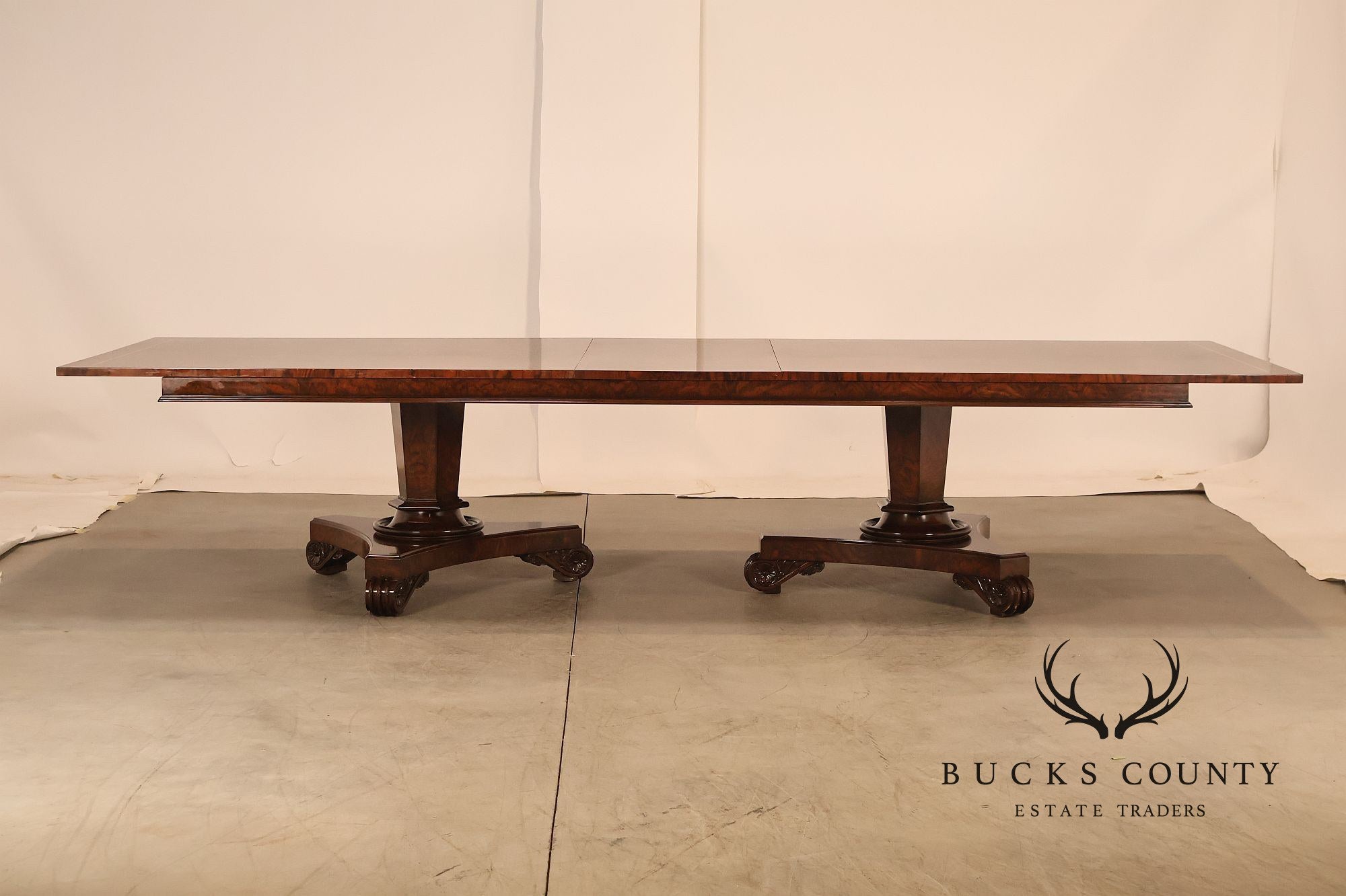 Custom Regency Style Burl Walnut Double Pedestal 12' Dining Table