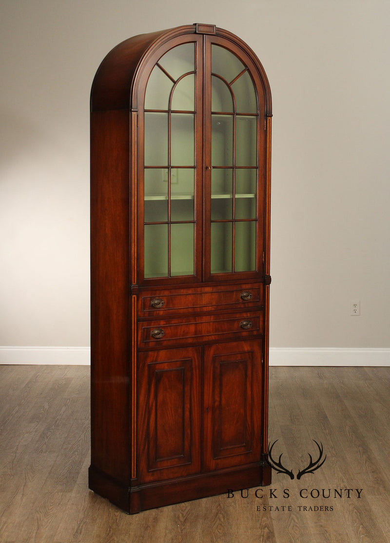 English Regency Style Pair of Mahogany Arched Glass Door Bookcases