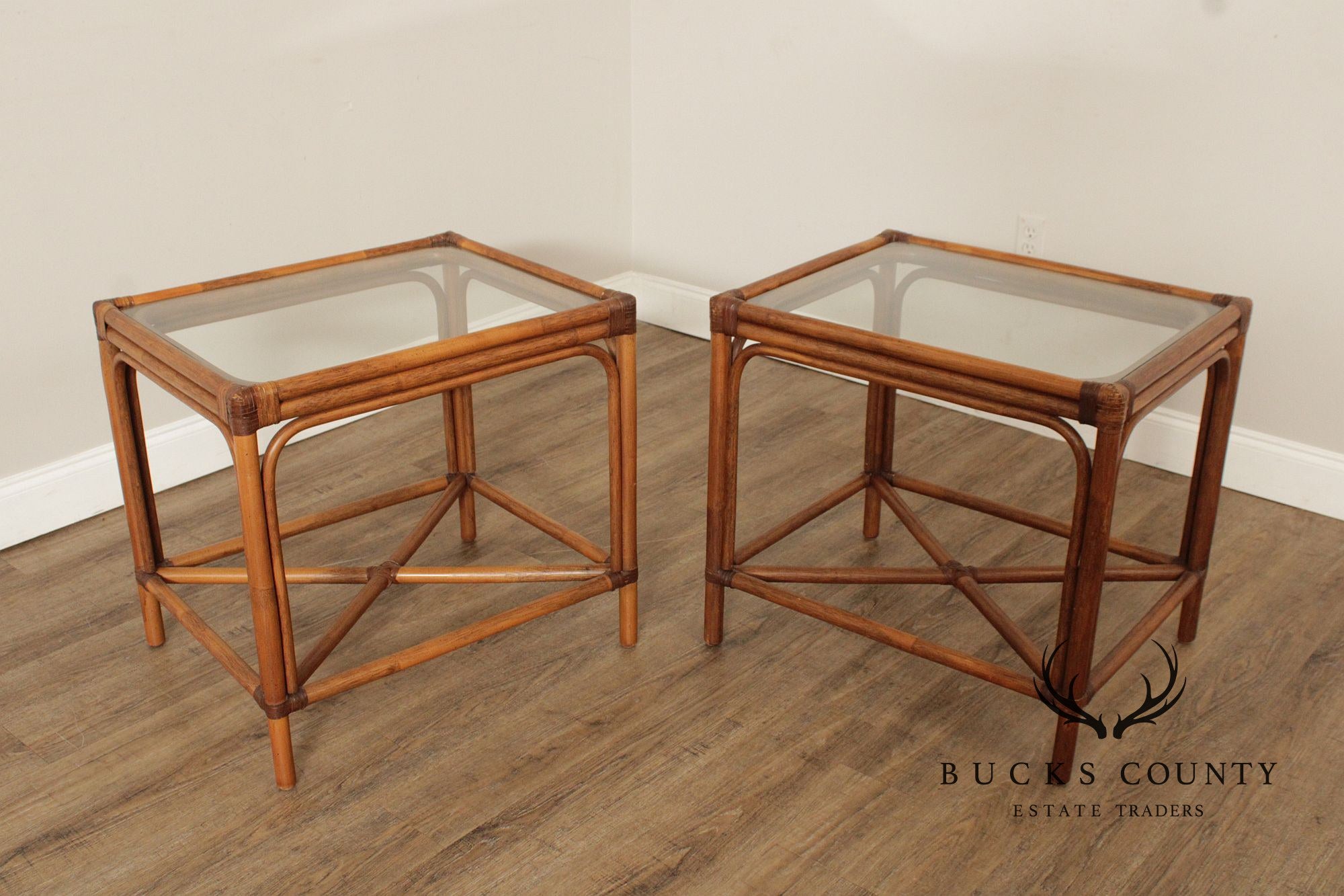 Hollywood Regency Pair of Glass Top Rattan Side Tables