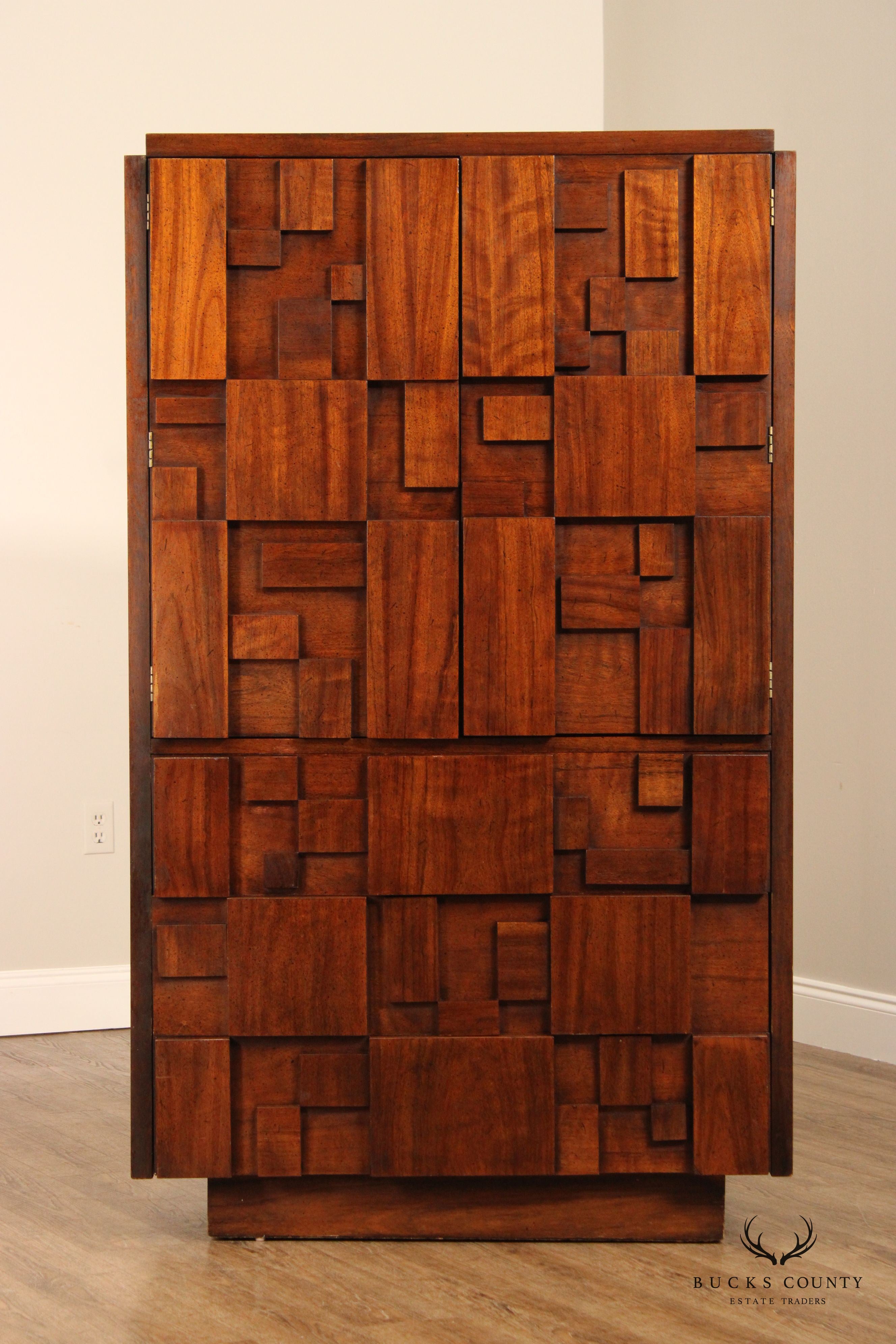 Lane 'Staccato' Mid Century ModernBrutalist Walnut Armoire