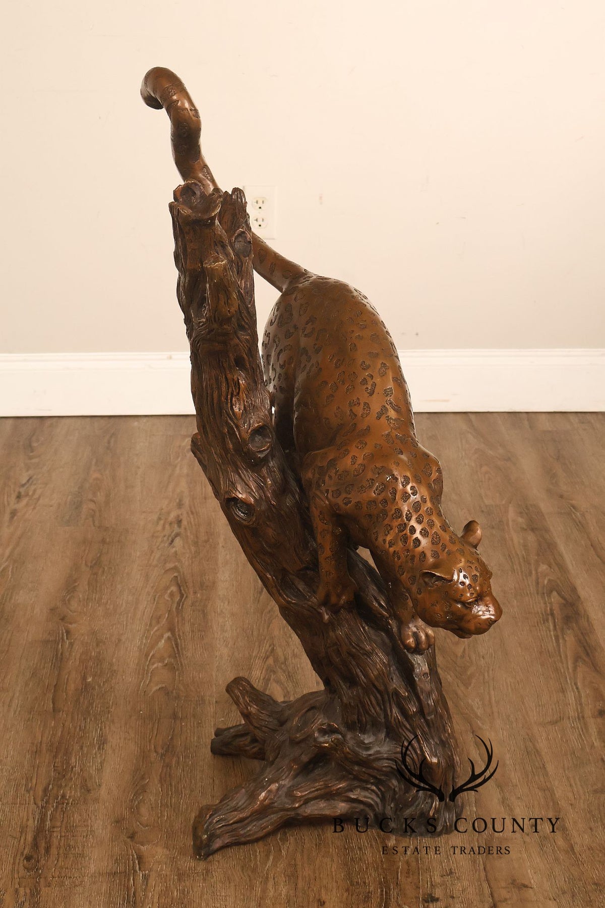 Large Bronze Leopard Sculpture On Tree Stump Base
