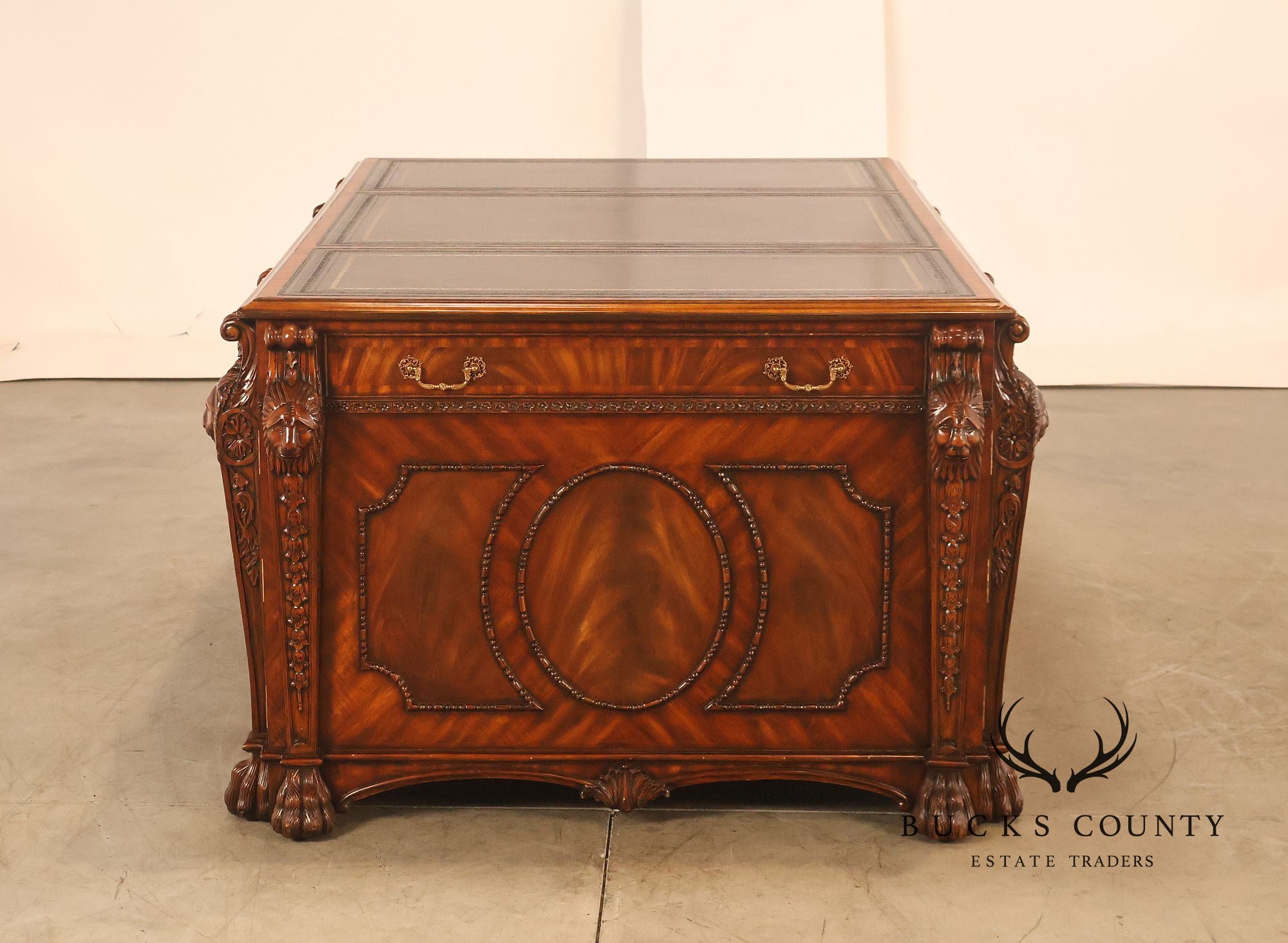 Maitland-Smith Carved Mahogany Leather Top Executive Partner's Desk