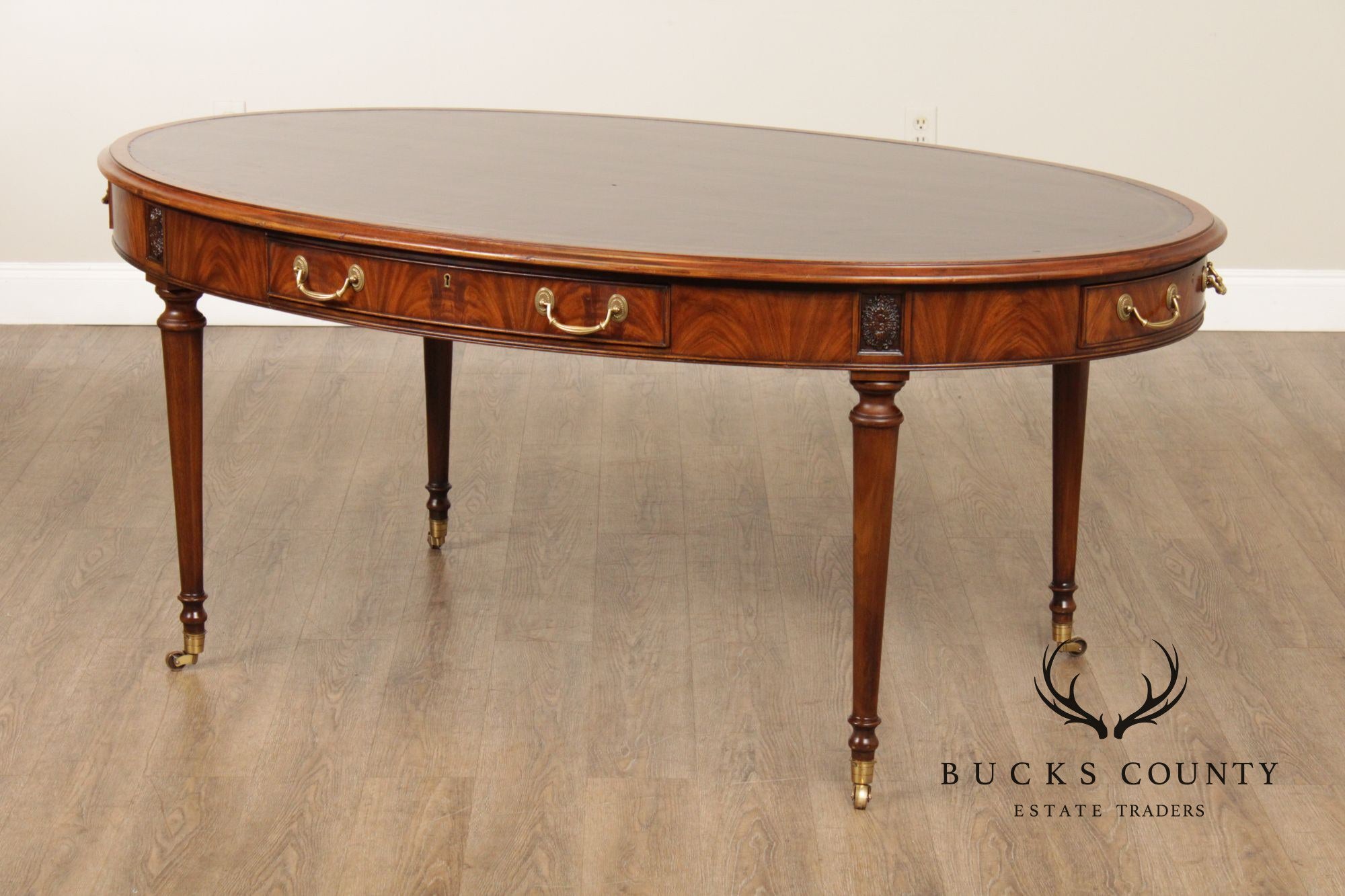 E.J. Victor Regency Style Mahogany Leather Top Oval Partners Desk Writing Table