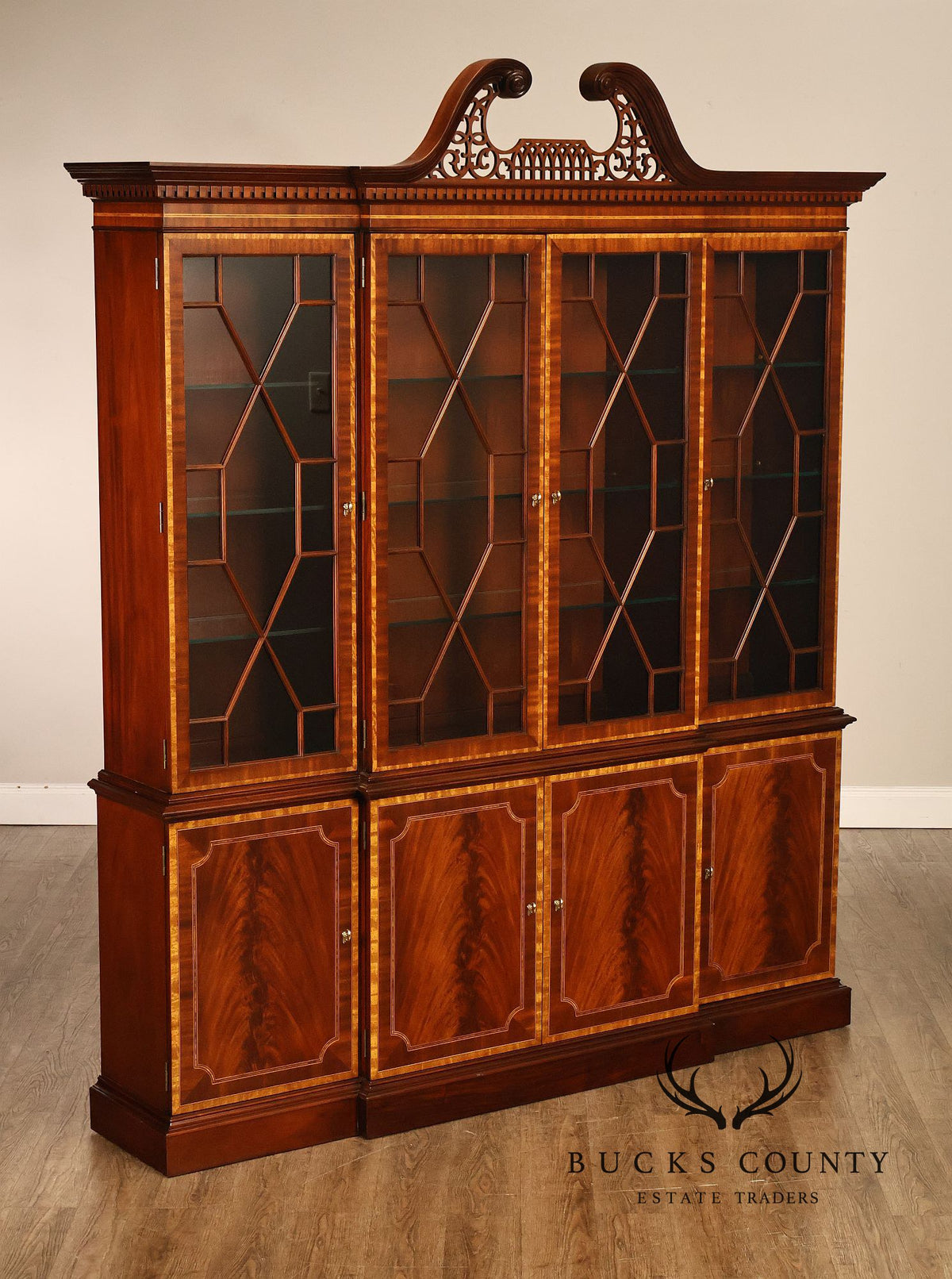 Councill Georgian Style Banded Mahogany Breakfront Bookcase