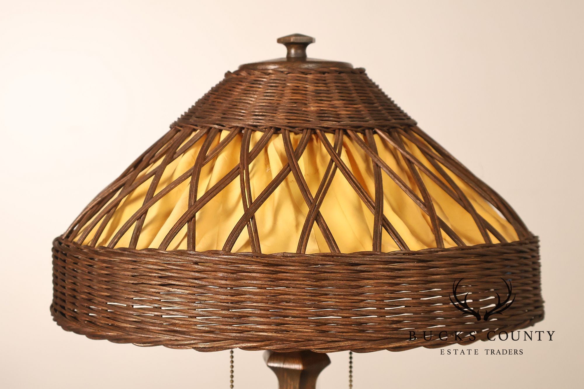Antique Arts And Crafts Oak Table Lamp With Wicker Shade