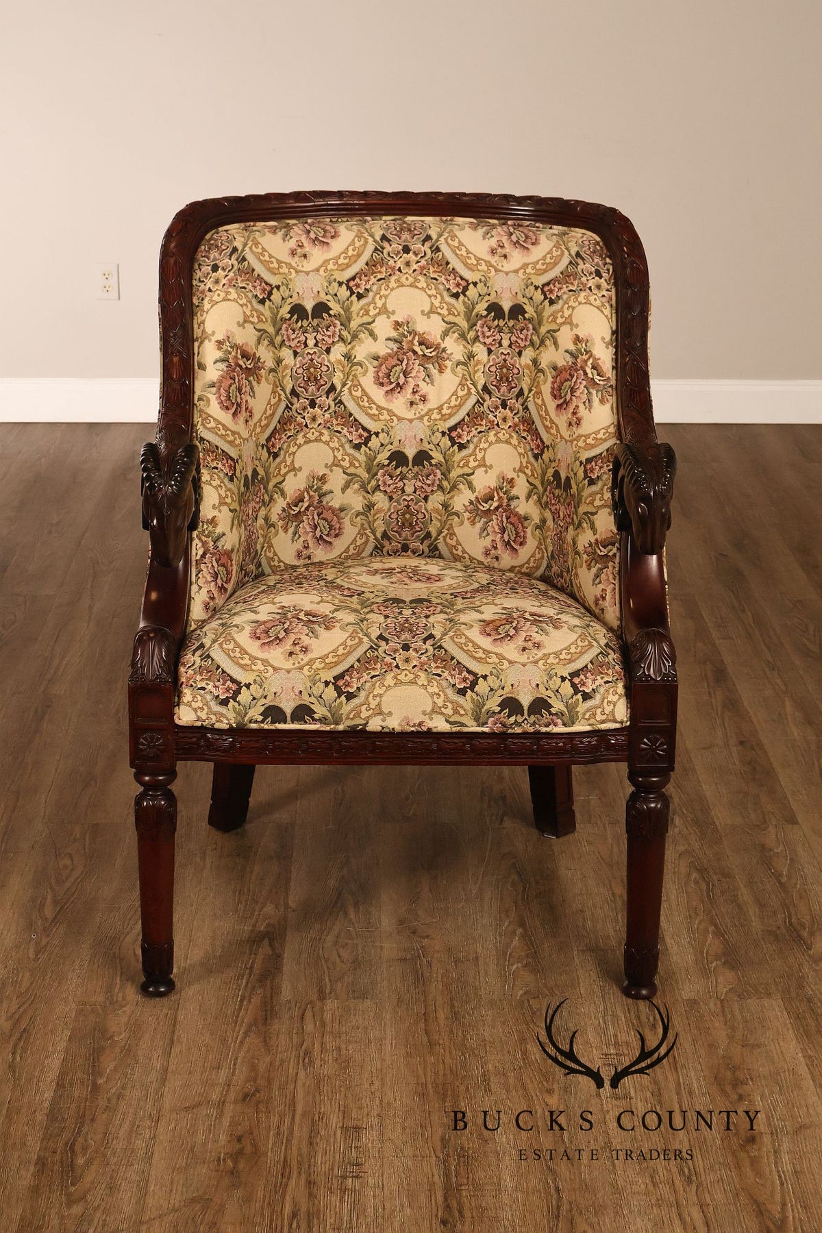 Pair Of Carved Mahogany Ram’s Head Upholstered Armchairs