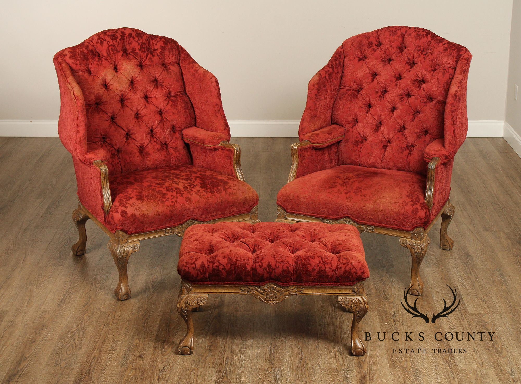 Georgian Style Pair of Wingback Armchairs and Ottoman