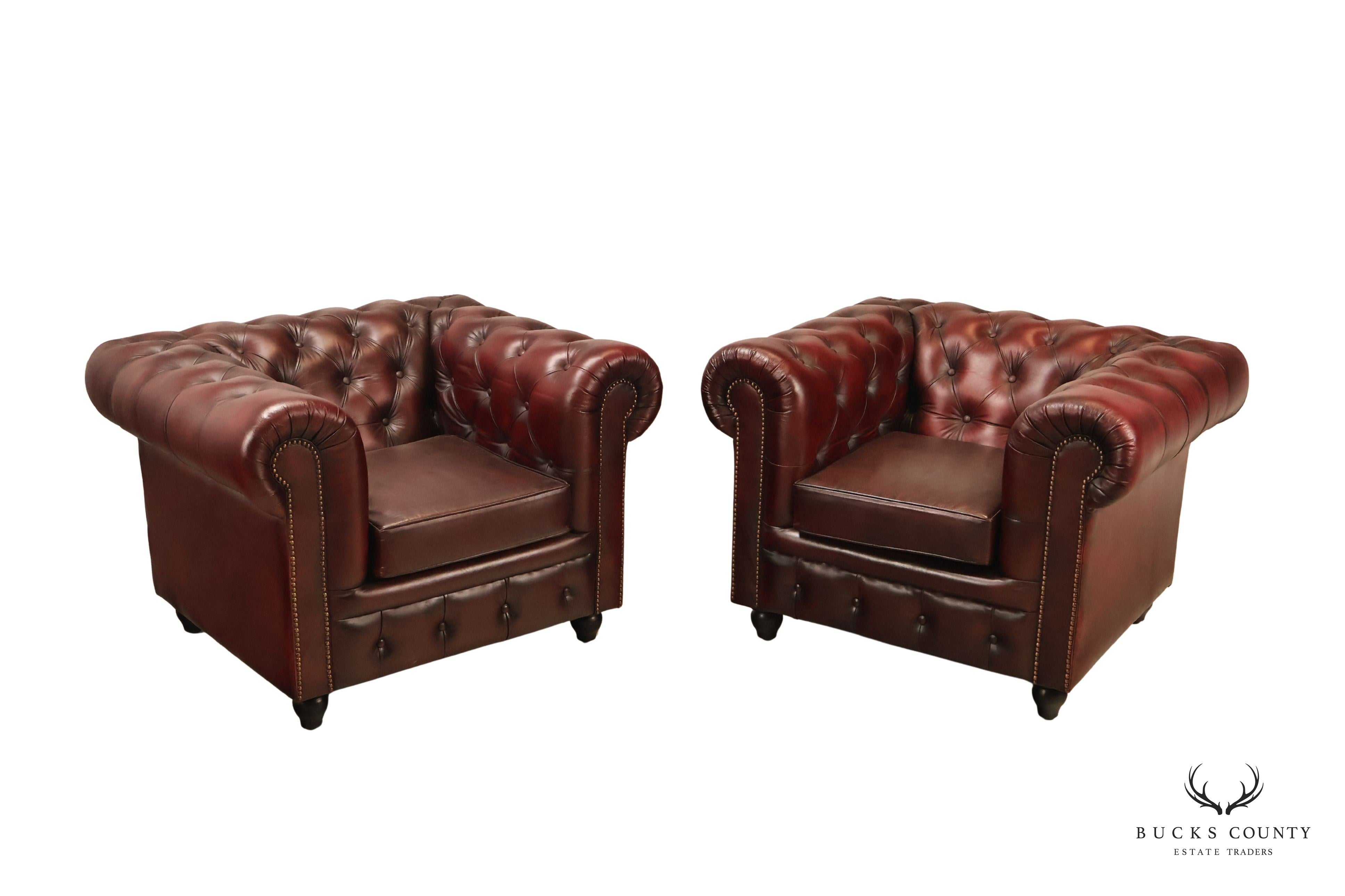 Chesterfield Style Pair of Oxford Red Leather Club Chairs